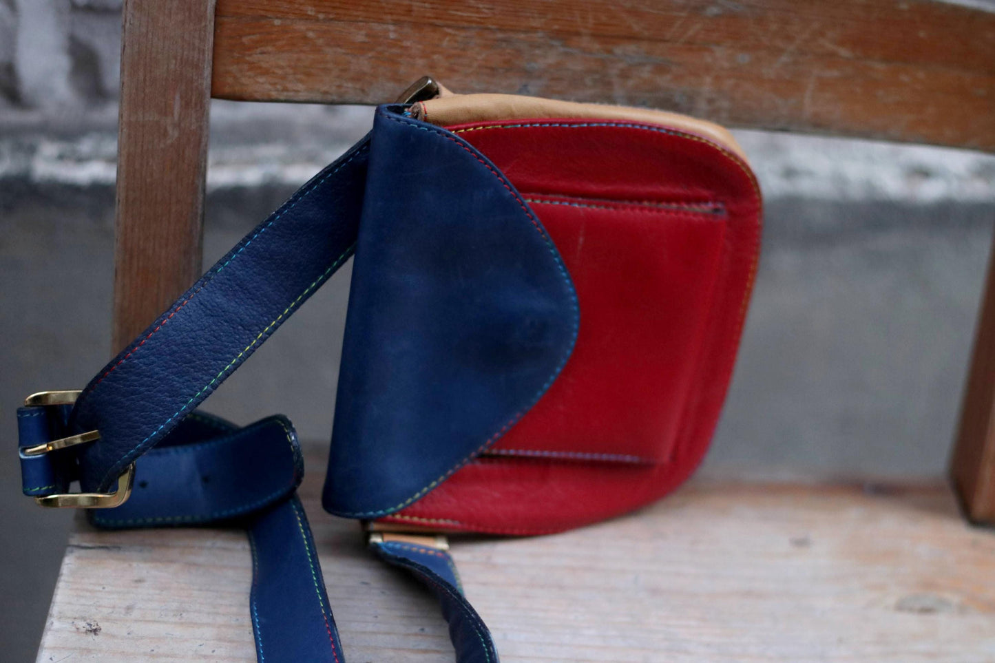 Vintage Color-Blocked Leather Belt Bag| 90s Red, Navy & Tan Waist Pouch with Adjustable Strap