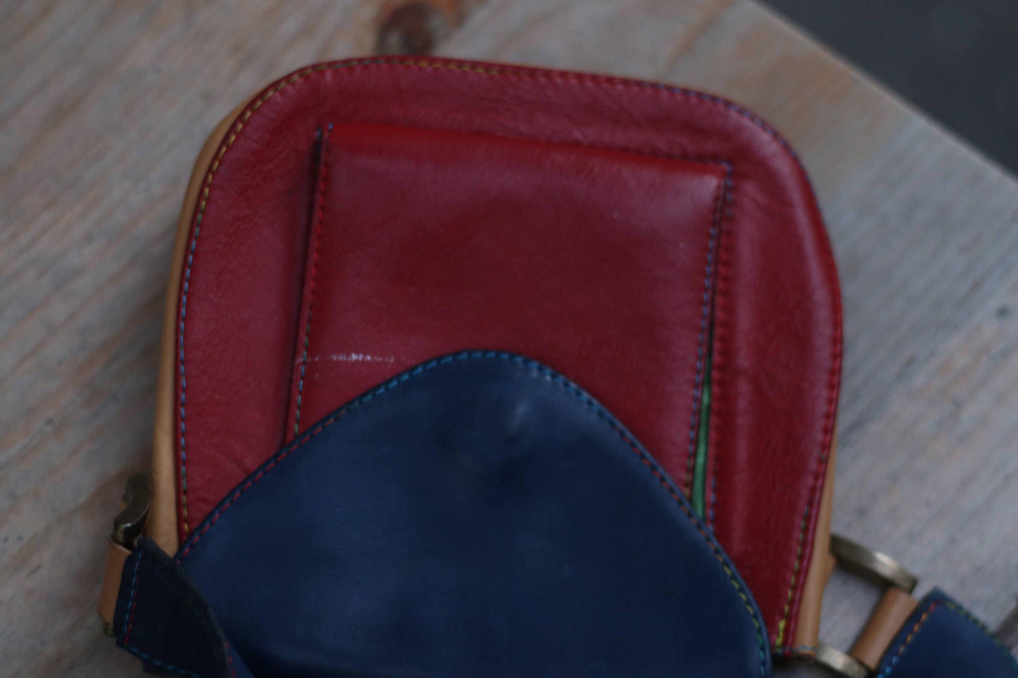 Vintage Color-Blocked Leather Belt Bag| 90s Red, Navy & Tan Waist Pouch with Adjustable Strap