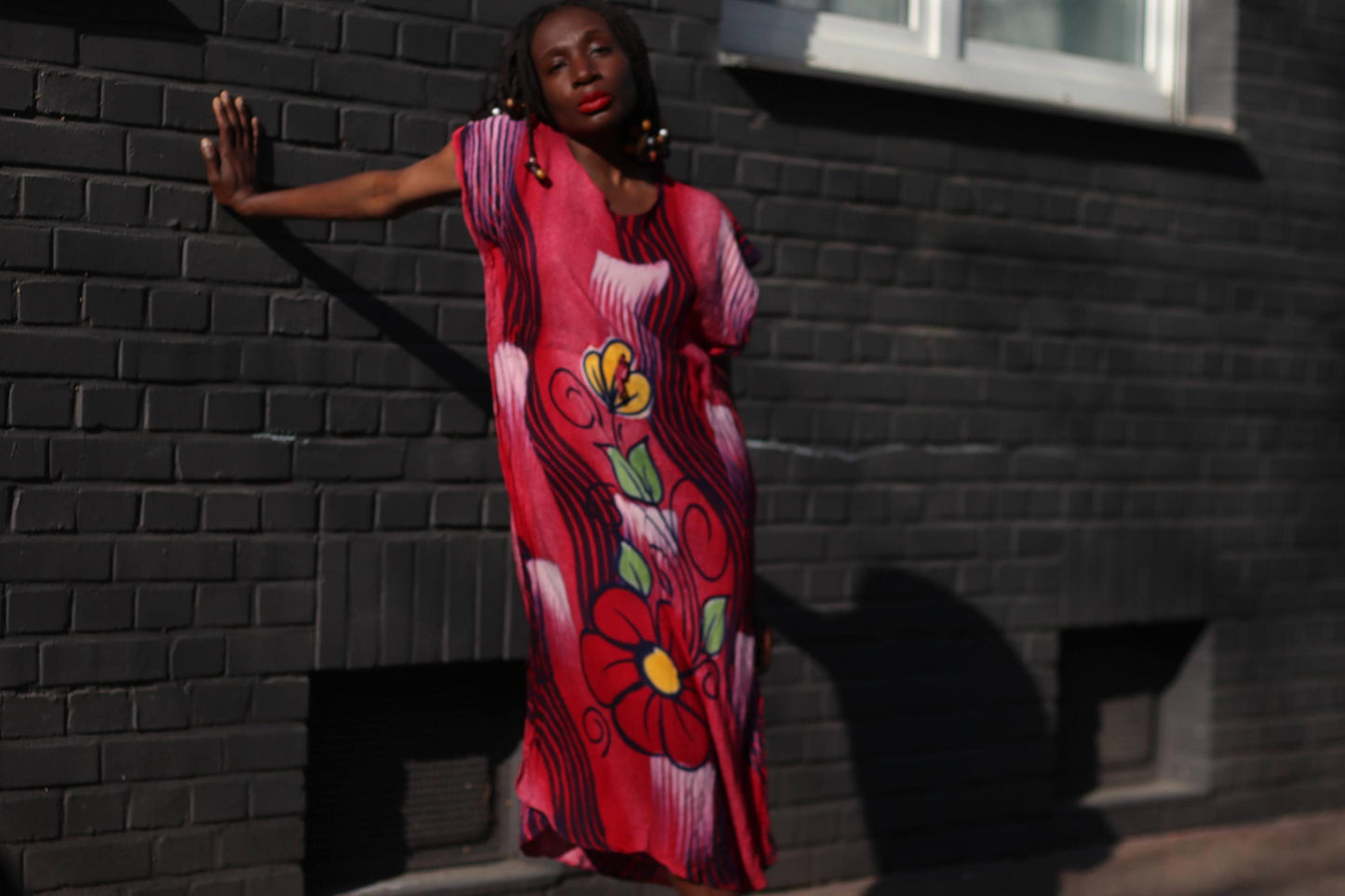 80s Floral Dress| Vintage Red and Blue Summer Dress| Women's Flower Power Buttoned Down Dress| Maximalist Knee-length Design