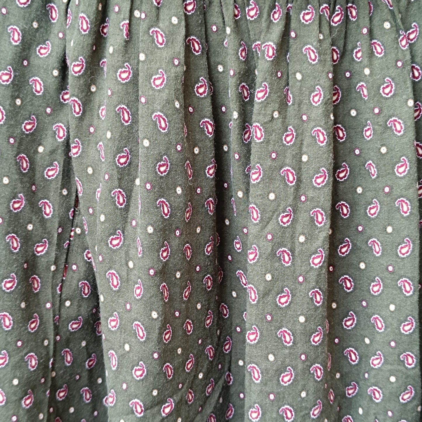 70s Boho Folk Skirt | Vintage Women's Eyedrop Print Midi Skirt | Country-Inspired Green Free-Spirit Skirt | Cottagecore Ruffle Hem Festival