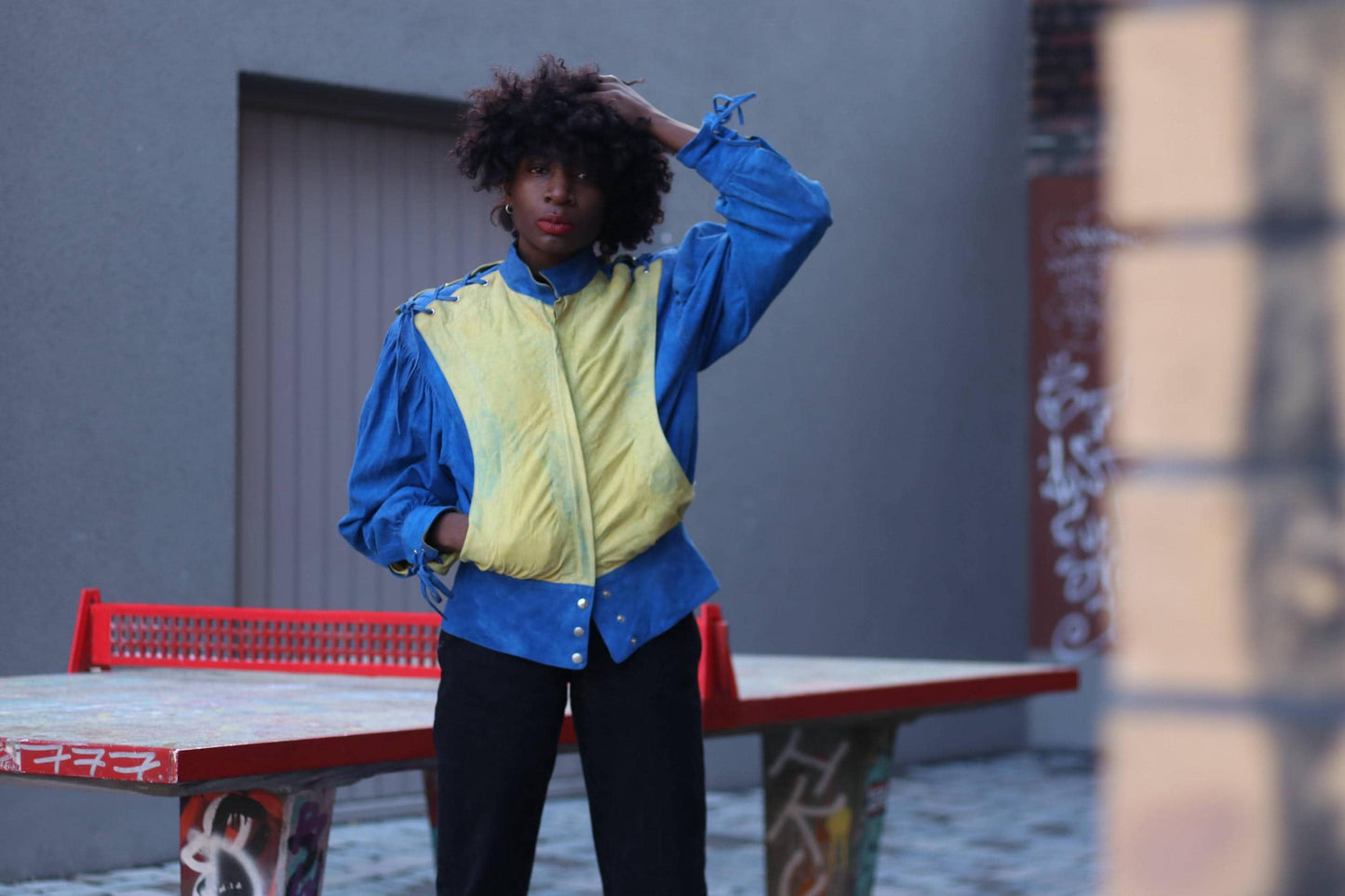 80s Vintage Suede Jacket | Blue & Yellow Colorblock Leather Jacket | Statement Patchwork Bomber | Women's Bold Retro Western Cropped Jacket