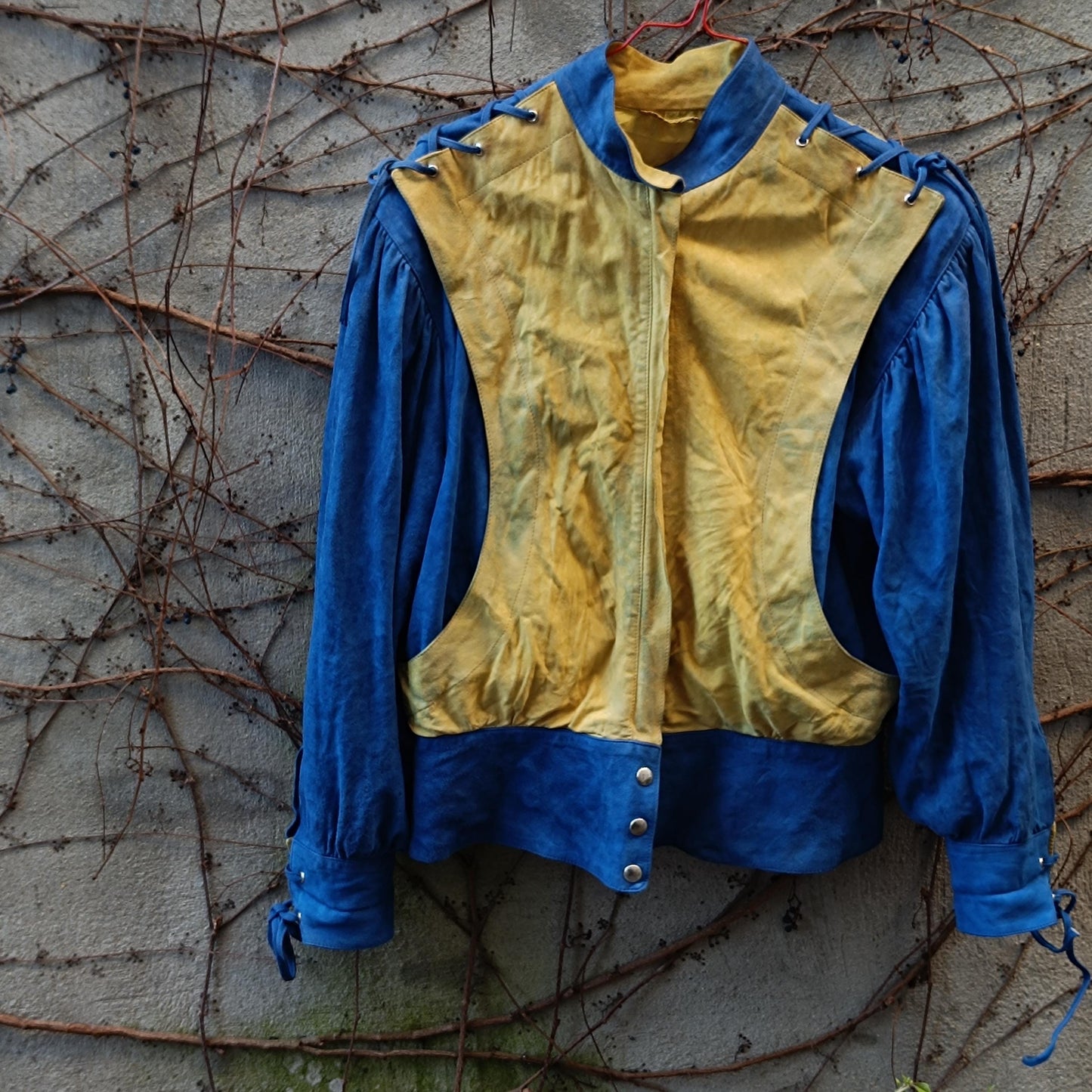 80s Vintage Suede Jacket | Blue & Yellow Colorblock Leather Jacket | Statement Patchwork Bomber | Women's Bold Retro Western Cropped Jacket