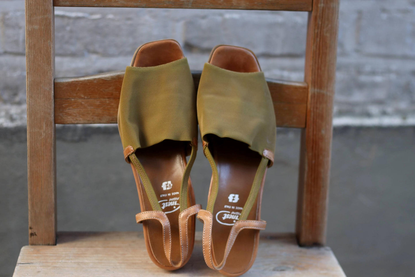 Vintage Summer Sandals | 90s Olive Green Open-Toe Shoes | Women's Tan Canvas & Leather Slingback | Boho Sandals | Earthy Minimalist Footwear