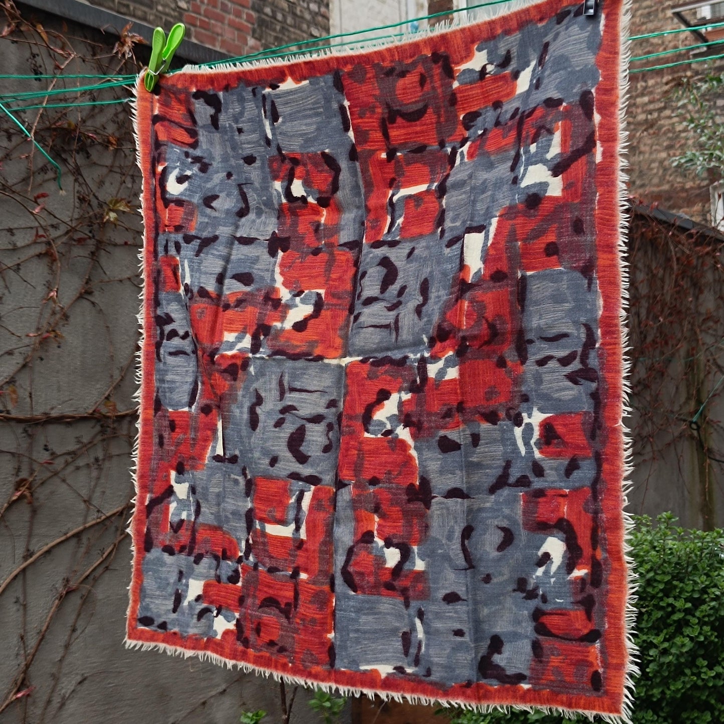 80s Artistic Scarf | Vintage Crimson & Charcoal Scarf | Painterly Abstract Women's Statement Accessory