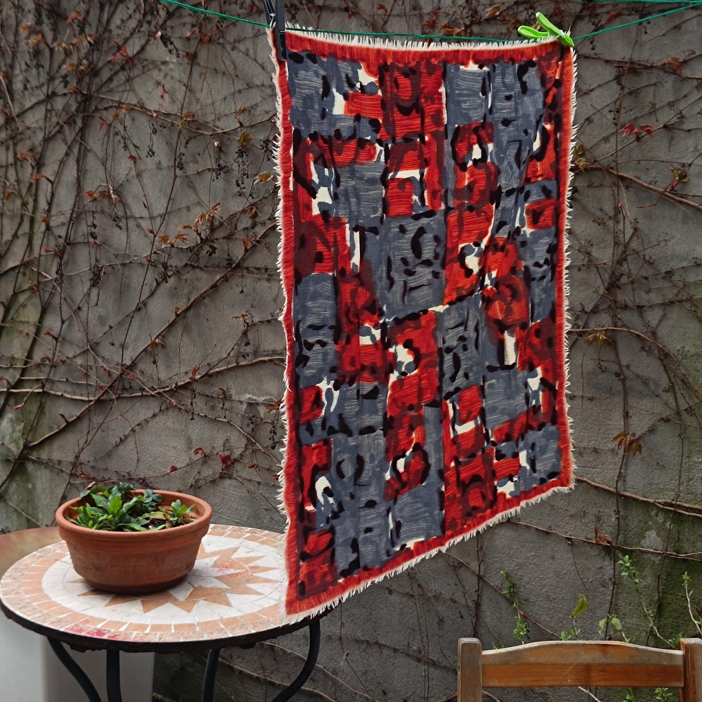 80s Artistic Scarf | Vintage Crimson & Charcoal Scarf | Painterly Abstract Women's Statement Accessory