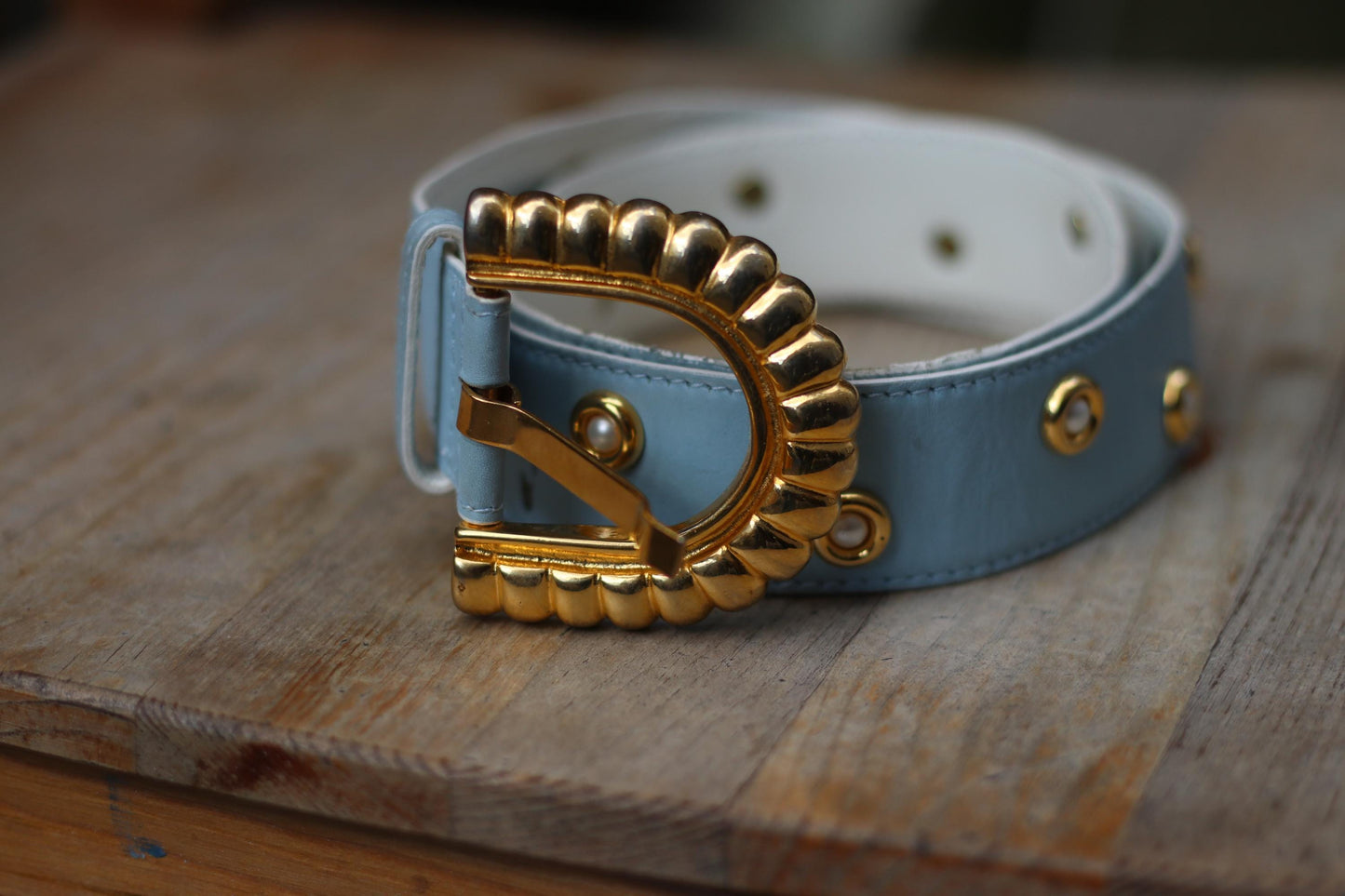 80s Escada Belt | Vintage Light Blue Leather Designer Belt | Gold Buckle Pearl Studded Statement Luxurious Women's Belt