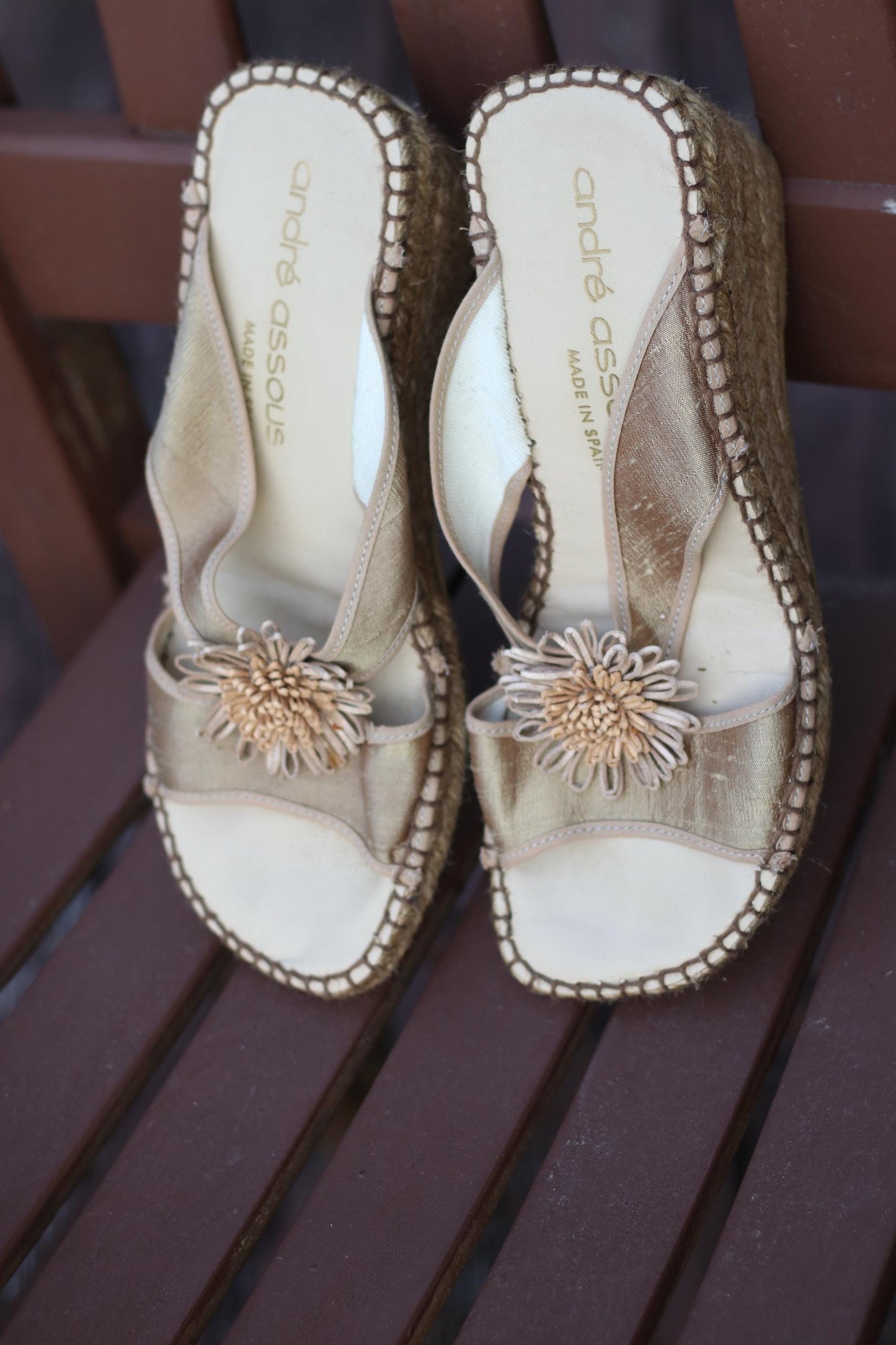 Vintage André Assous Wedges| 90s Women's Spanish Chic Sandals | Metallic Designer Heels with Floral Detail | Summer Shoes | Size 8 US