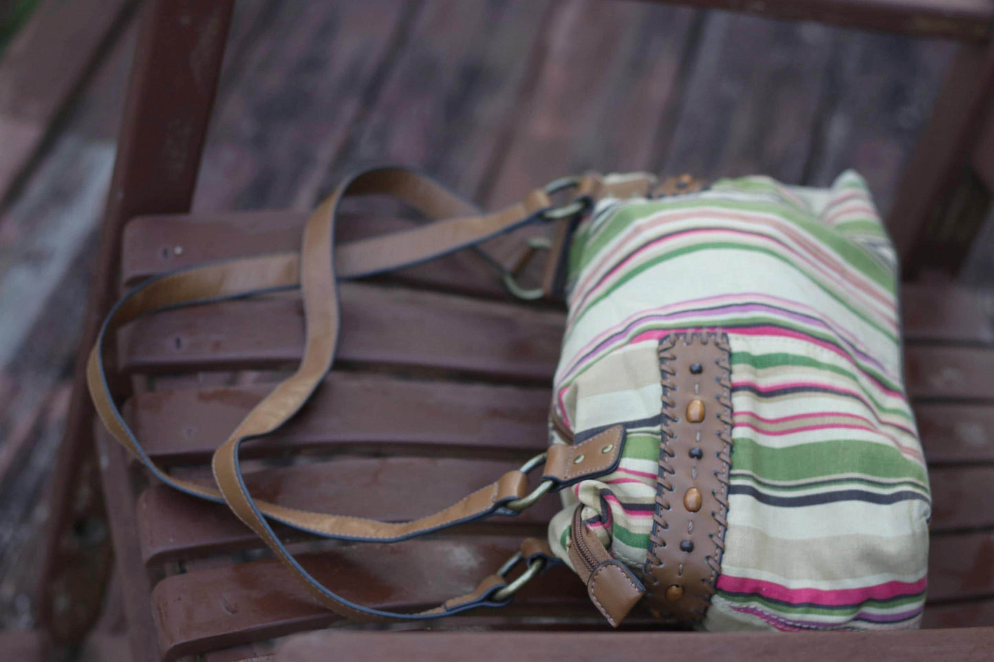 Y2K Striped Canvas Bag | Vintage Bohemian Shoulder Bag | Women's earthy Tones Handbag with Leather Straps | Casual Chic
