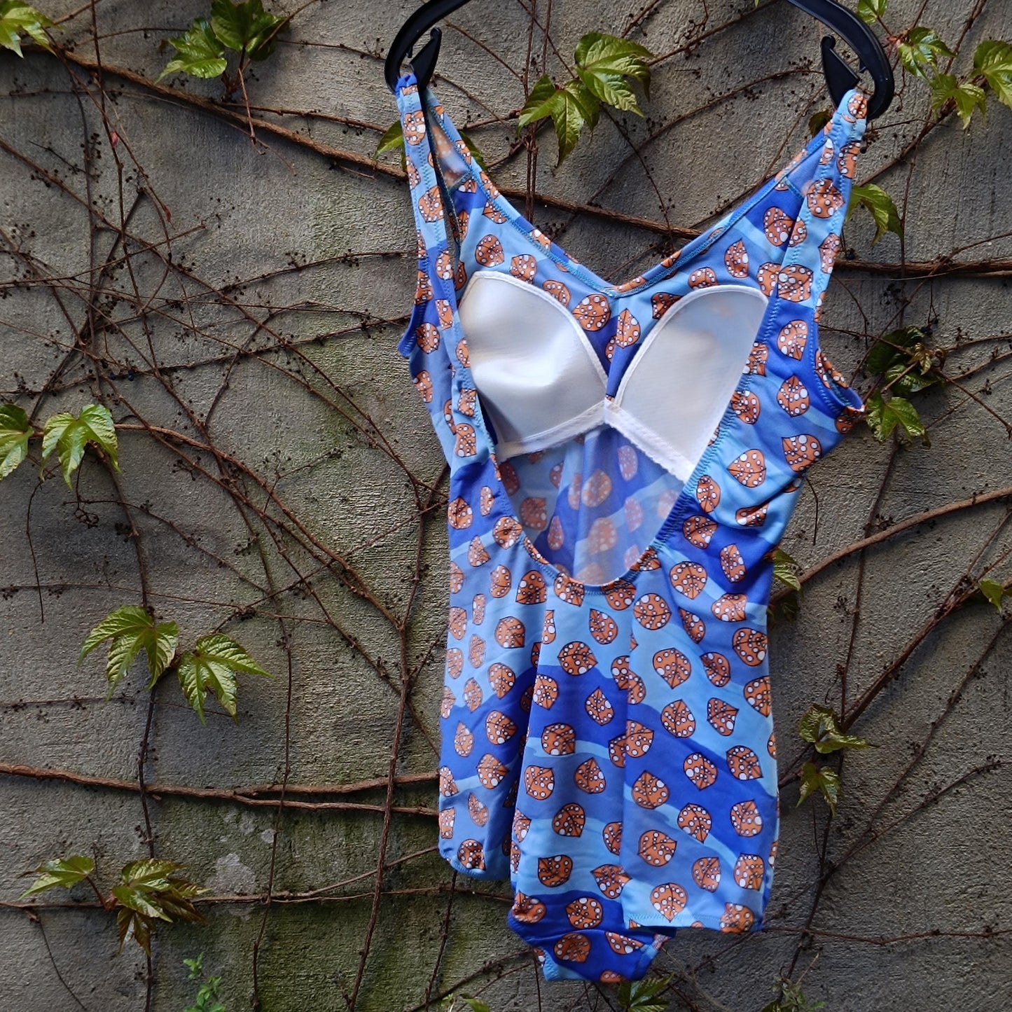 70s Leaf Print Swimming Suit| Vintage Quirky Print One Piece Beachwear| Blue Whimsical Plus Size Bathing Suit