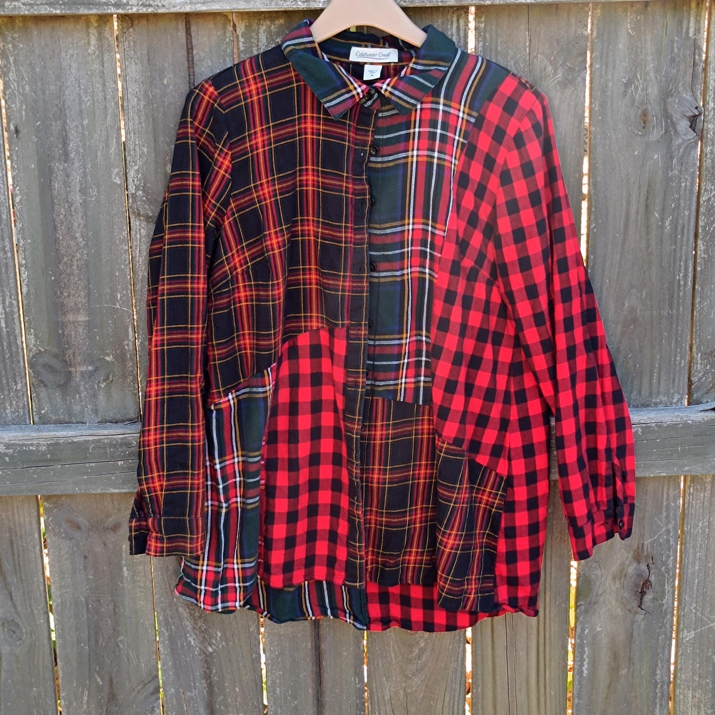 Y2K Patchwork Plaid Shirt | Vintage Coldwater Creek Button-Up | Women's Grunge Oversized Tartan Top | Red Green Check Cotton Blouse
