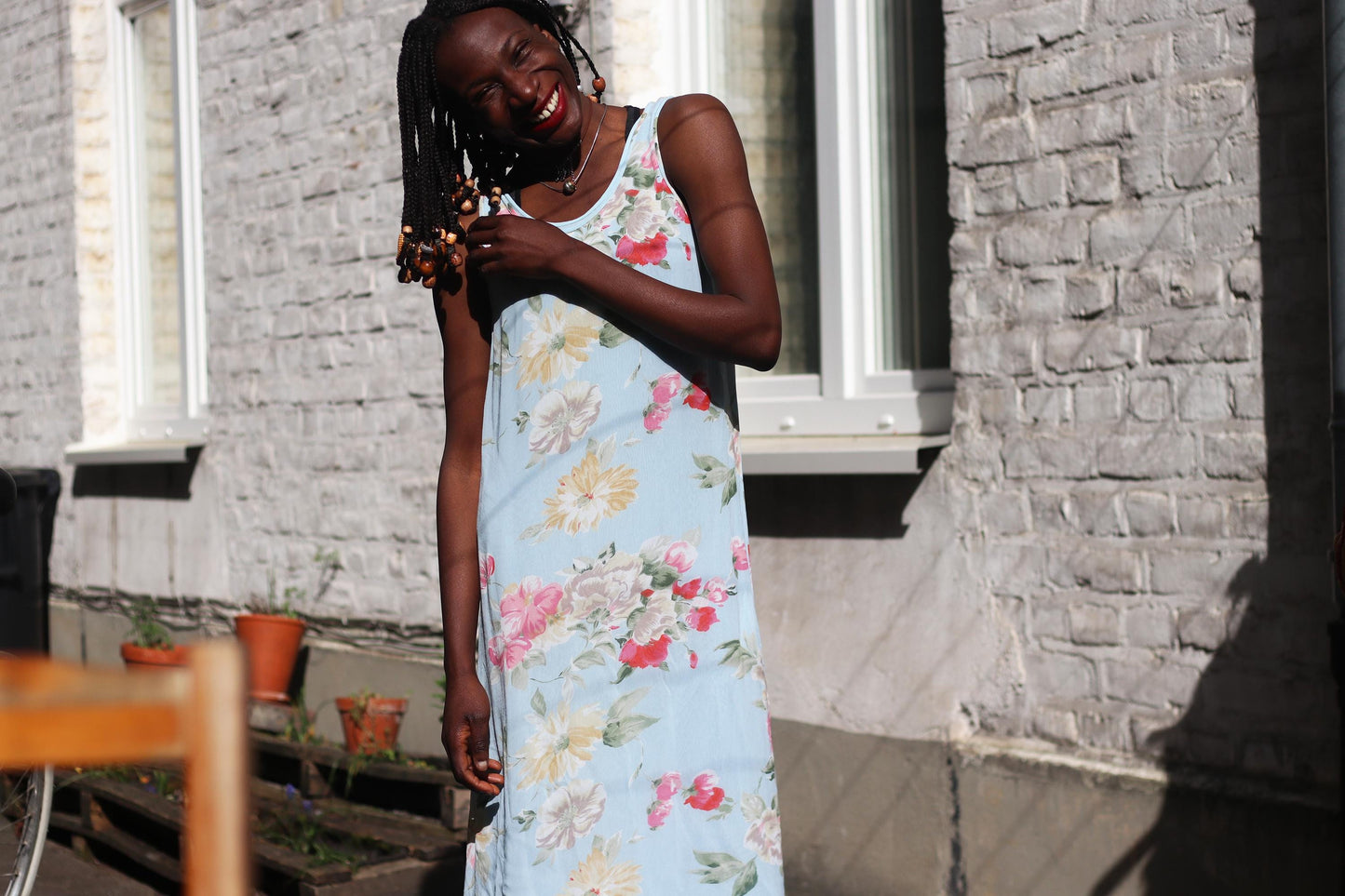 Vintage 90s Cottagecore Maxi Dress | Sky Blue Floral Summer Dress for Women | Grunge Sleeveless Dress with Layered Hem | Ethereal Style