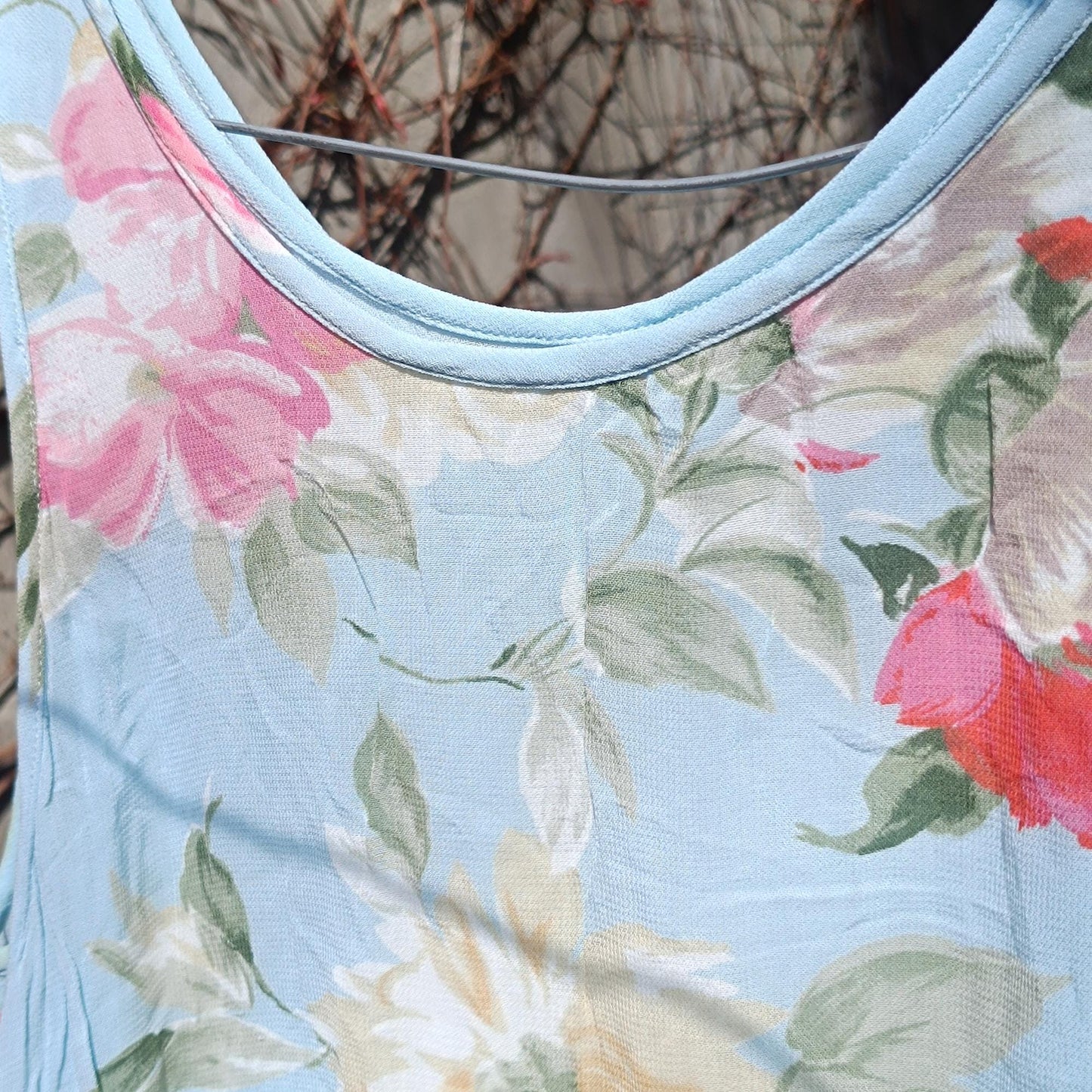 Vintage 90s Cottagecore Maxi Dress | Sky Blue Floral Summer Dress for Women | Grunge Sleeveless Dress with Layered Hem | Ethereal Style