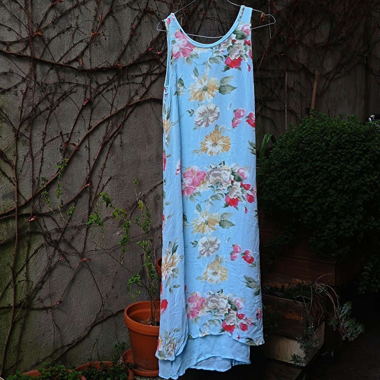 Vintage 90s Cottagecore Maxi Dress | Sky Blue Floral Summer Dress for Women | Grunge Sleeveless Dress with Layered Hem | Ethereal Style