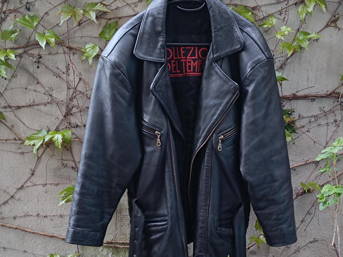 Rock and roll style vintage leather jacket from the 80s is photographed hanging outdoors against a wall with green leaves and brown twines
