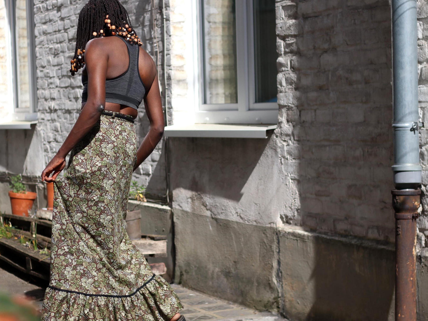 Vintage Floral Prairie Maxi Skirt with Woven Belt| Boho Chic Country Style Size Xs-S