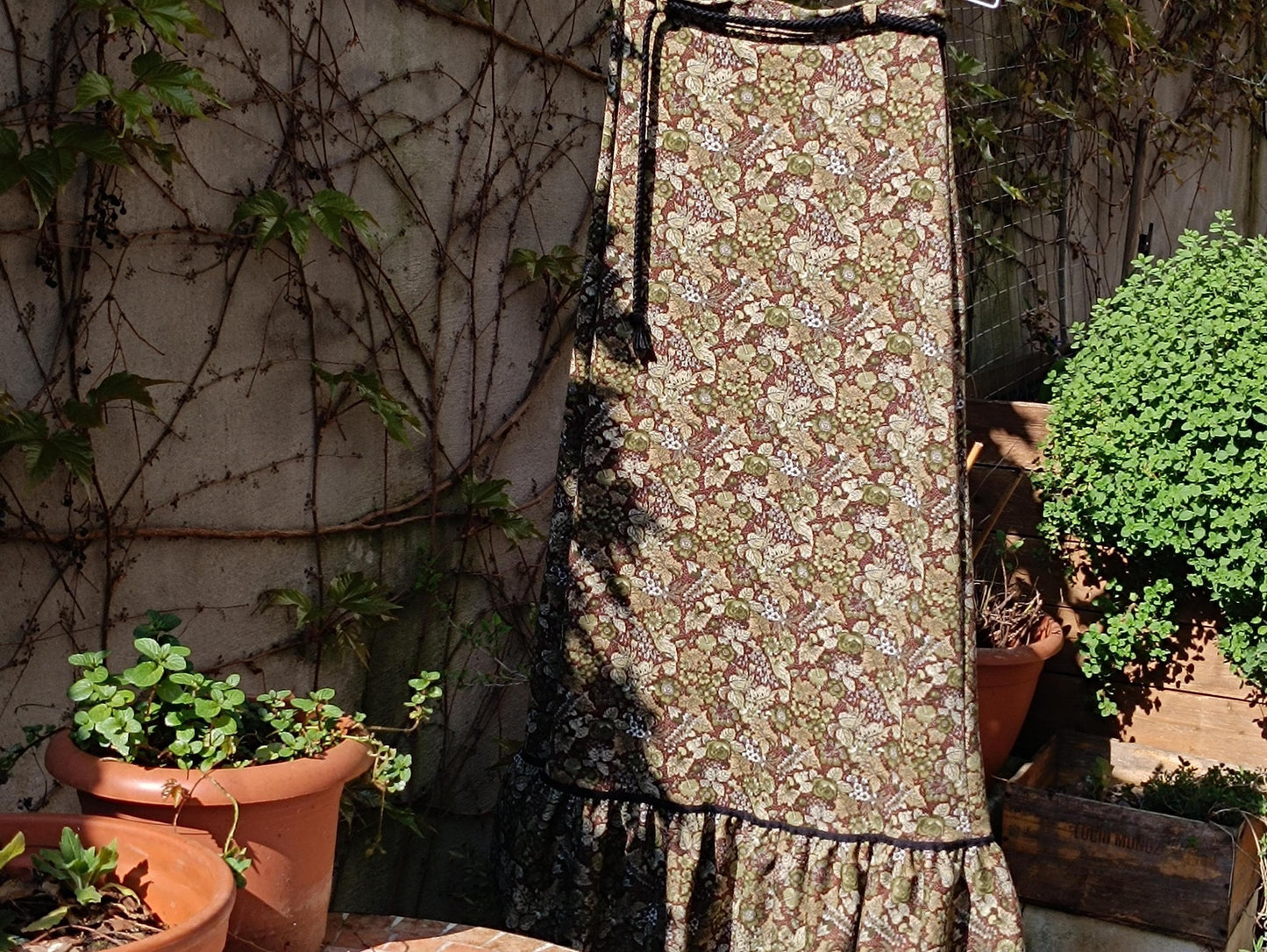 Vintage Floral Prairie Maxi Skirt with Woven Belt| Boho Chic Country Style Size Xs-S