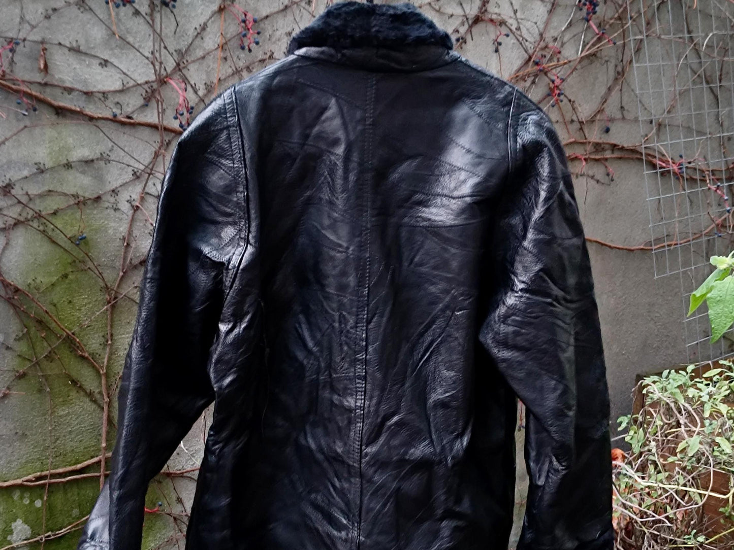 A back view of a vintage black leather jacket with a faux-fur trimmed leather jacket by the brand Anne De Lancay Women's coat photographed hanging outdoors on a clothing line against a grey wall with browning twines and leaves