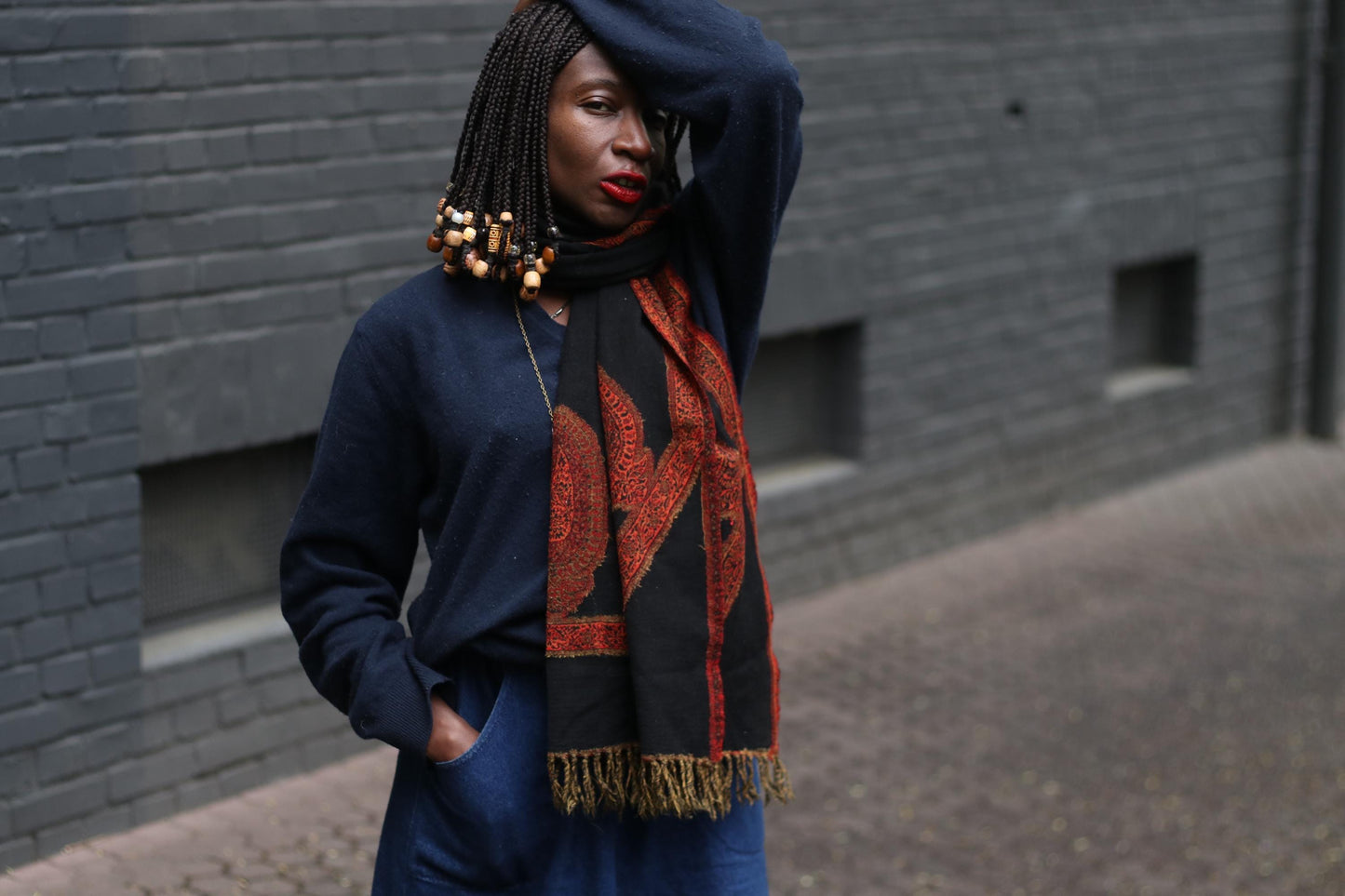 Vintage 90s Ethno Print Scarf | Red & Black Boho Winter Wrap | Bold Retro Shawl | Women's Cold Weather Accessory | Soft Patterned Scarf