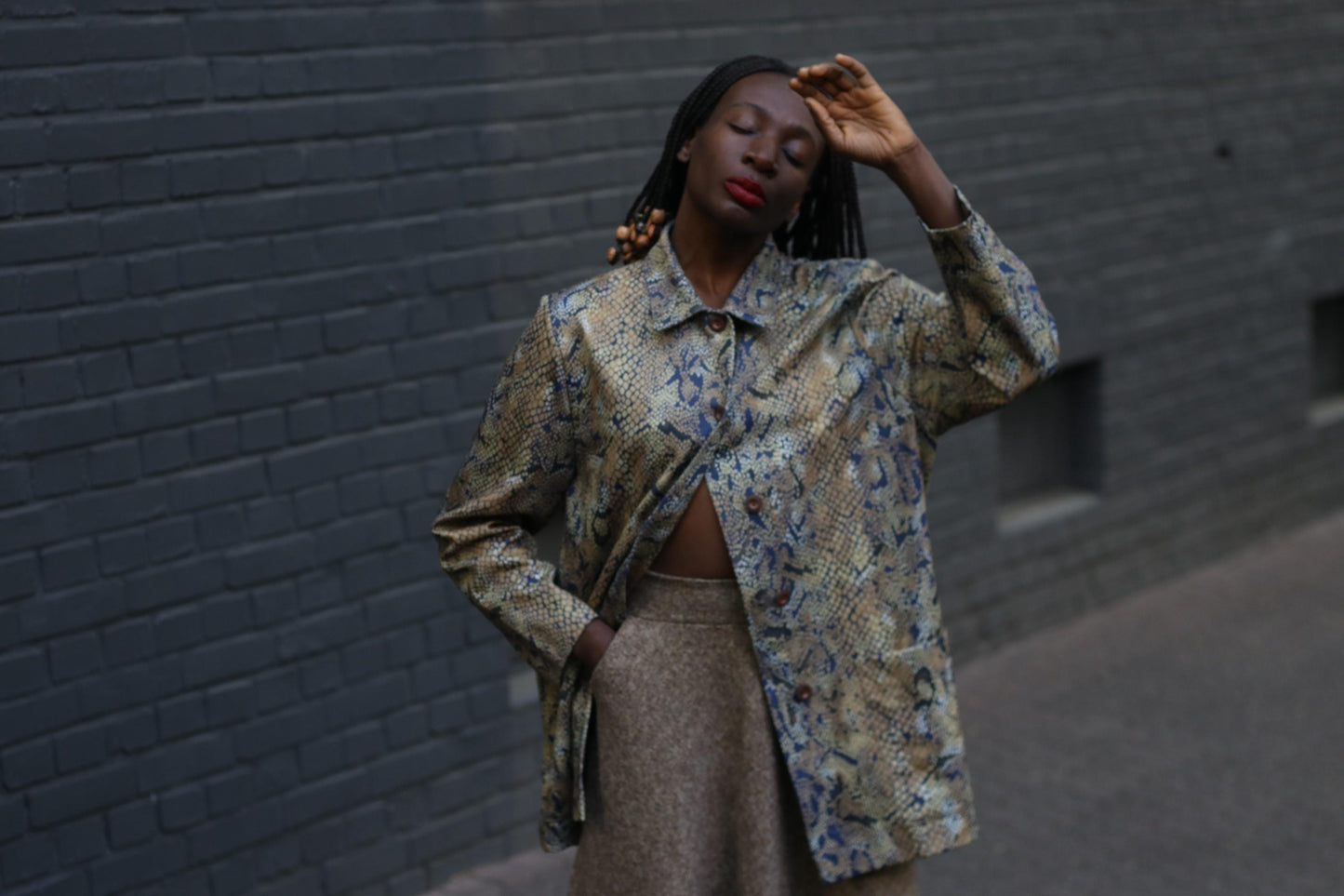 90s Animal Print Blouse| Vintage Creation Atelier Brown Lightweight Jacket| Women's Faux Snake Skin Collared Buttoned Down Shirt