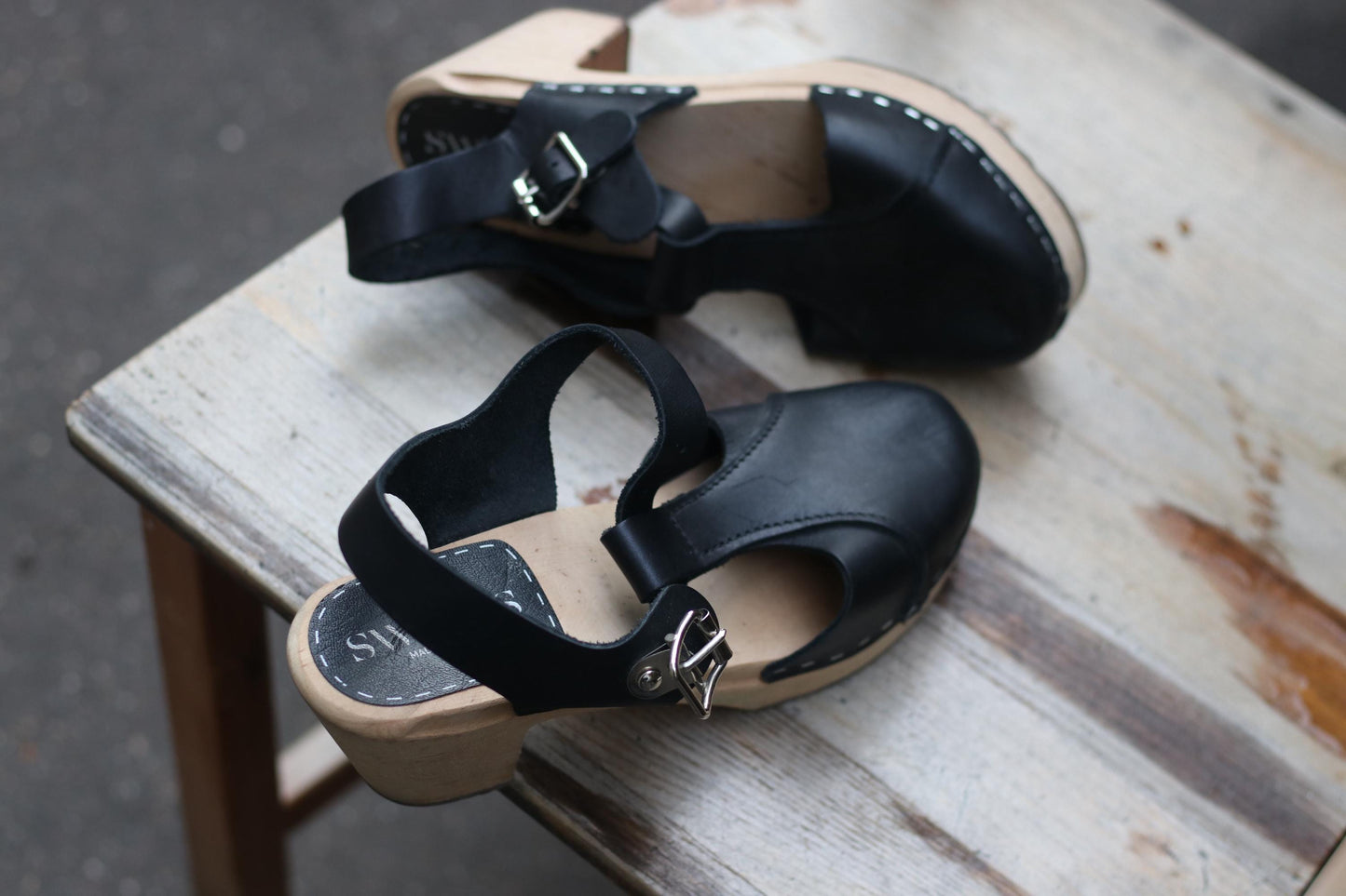 Vintage Swedish Leather Clogs | 90s Sweeks Black Scandinavian Summer Sandals EU38 | Handmade Wooden Sole Shoes