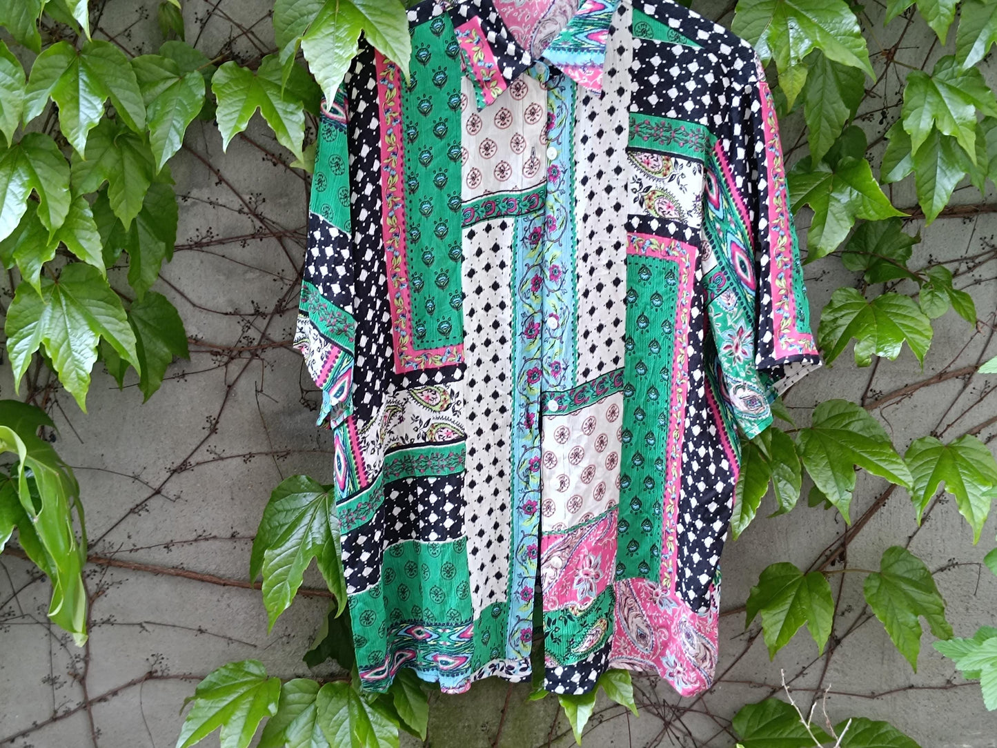 Vintage 90s Handmade Patchwork Shirt| Boho Festival Button Up| Retro Mixed Print Short Sleeve Loose Fit, One-of-a Kind