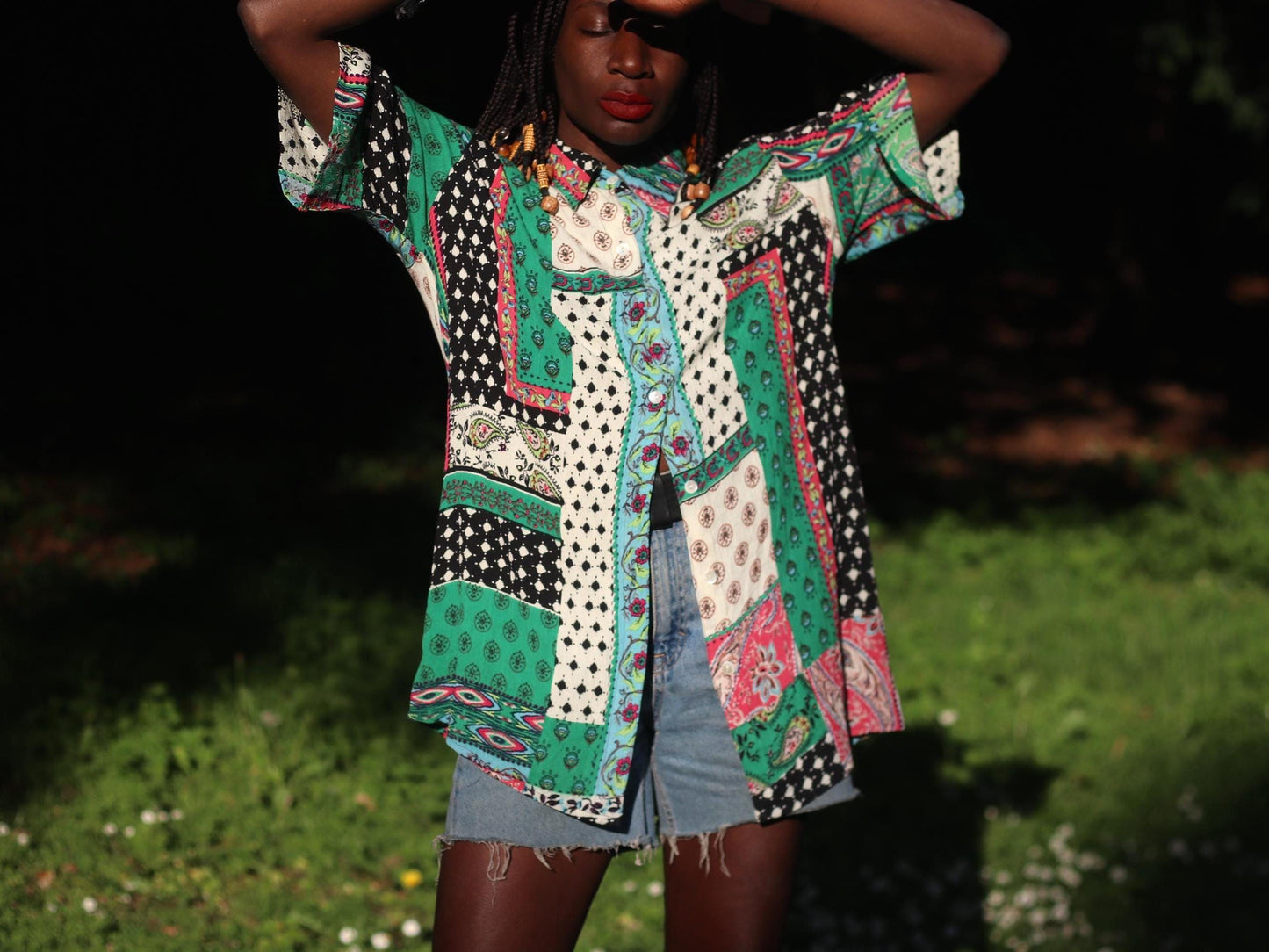 Vintage 90s Handmade Patchwork Shirt| Boho Festival Button Up| Retro Mixed Print Short Sleeve Loose Fit, One-of-a Kind
