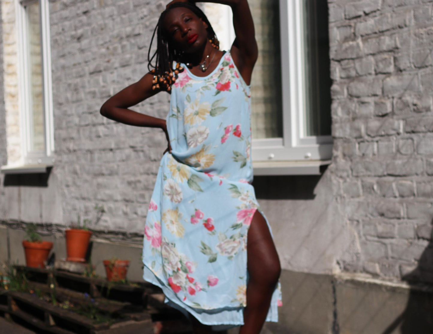 Vintage 90s Cottagecore Maxi Dress | Sky Blue Floral Summer Dress for Women | Grunge Sleeveless Dress with Layered Hem | Ethereal Style