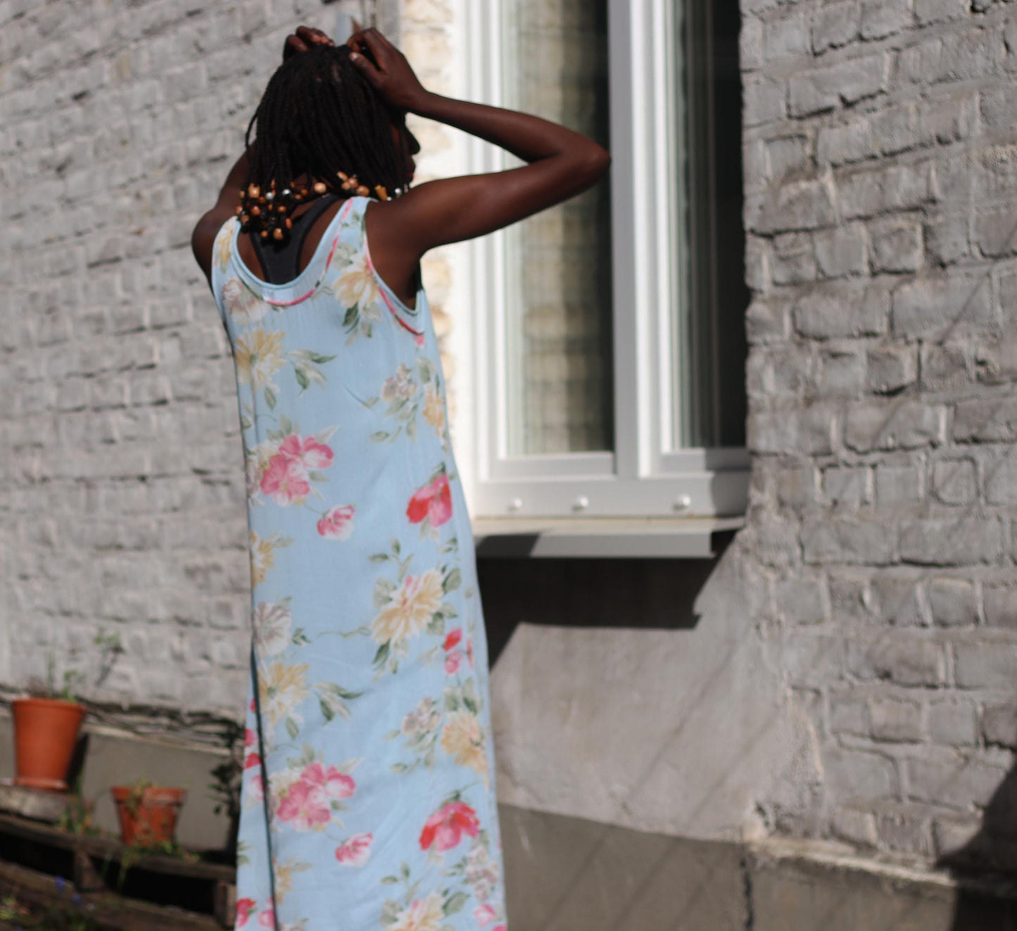 Vintage 90s Cottagecore Maxi Dress | Sky Blue Floral Summer Dress for Women | Grunge Sleeveless Dress with Layered Hem | Ethereal Style