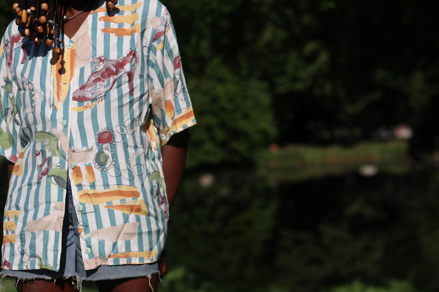 Vintage 80s Abstract Blouse| Teal & Orange Statement Shirt| Short Sleeve Button-Up – Retro Striped Print |M/L