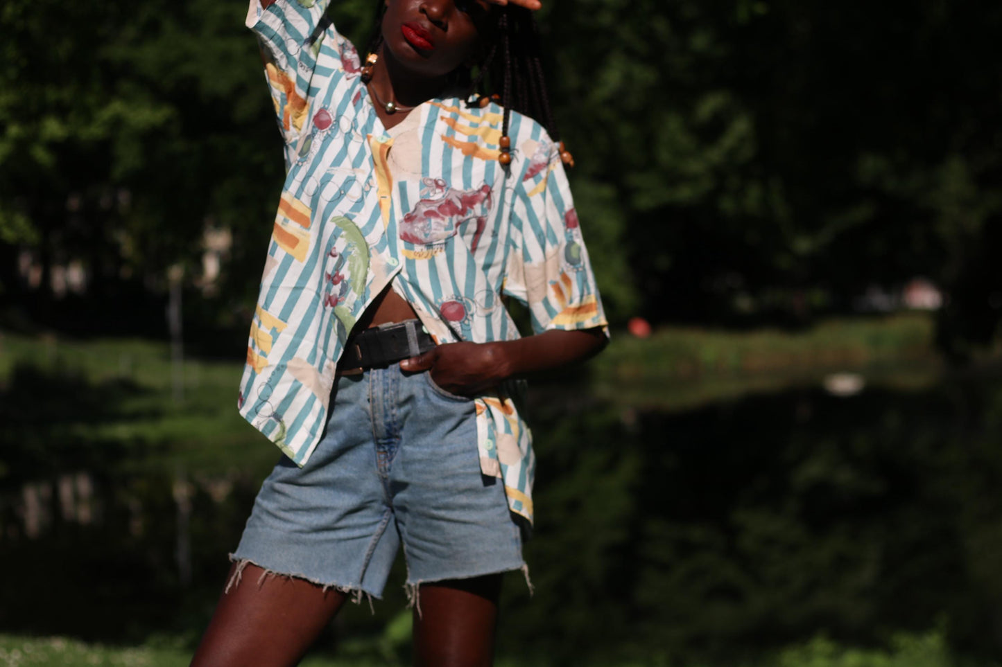 Vintage 80s Abstract Blouse| Teal & Orange Statement Shirt| Short Sleeve Button-Up – Retro Striped Print |M/L