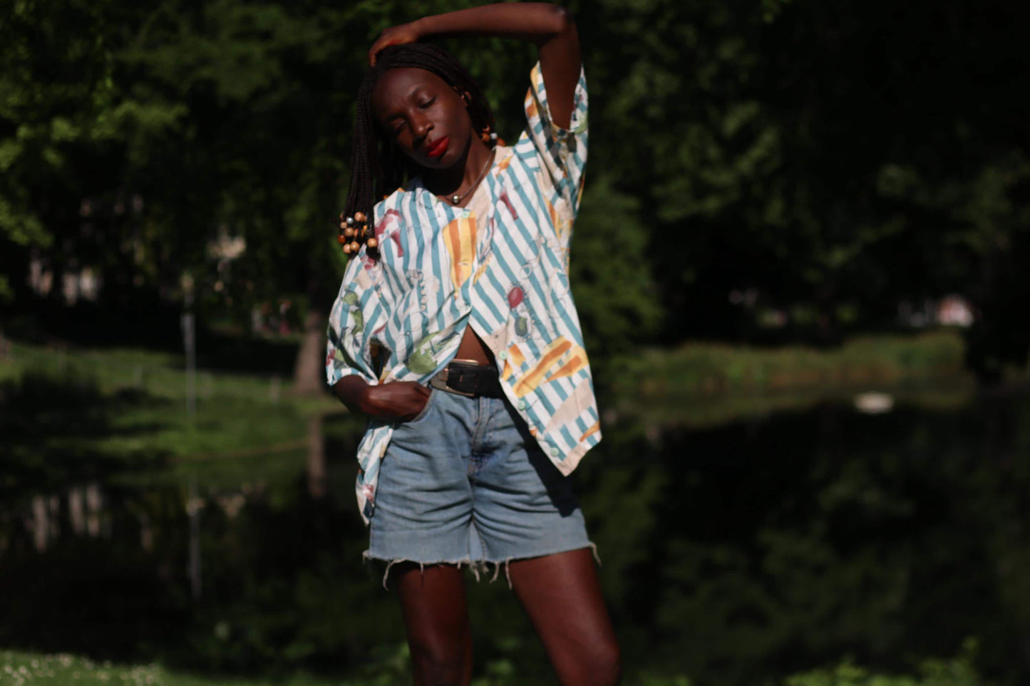Vintage 80s Abstract Blouse| Teal & Orange Statement Shirt| Short Sleeve Button-Up – Retro Striped Print |M/L
