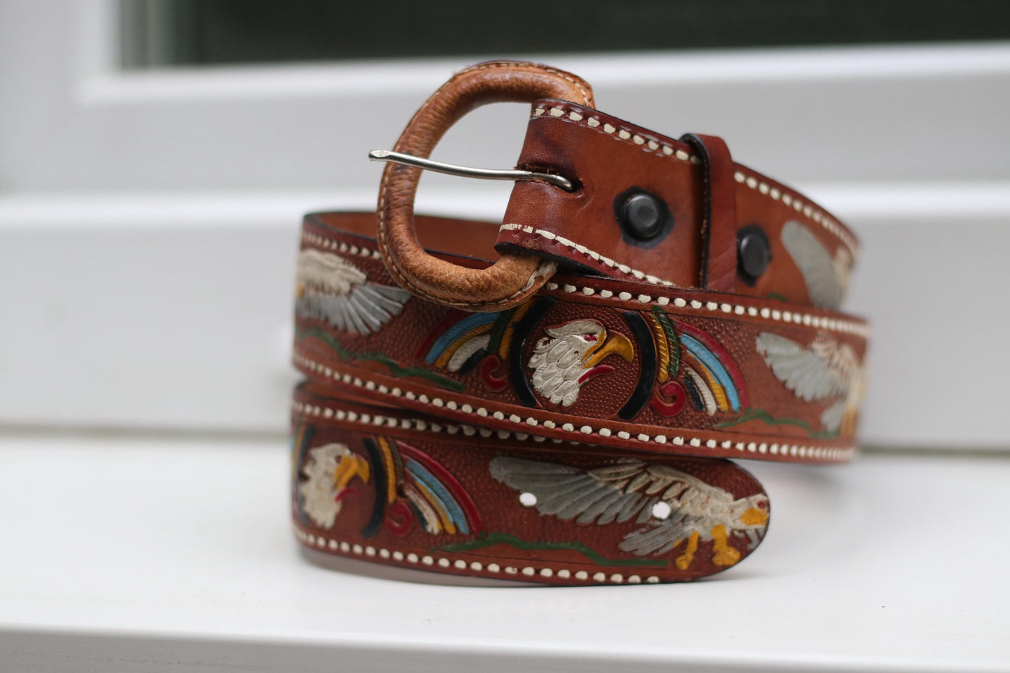 Vintage Tooled Leather Belt| Handmade Eagle Rainbow Western Belt| Brown Cowboy Belt with Colorful Detail & Carved Buckle – Boho Rodeo Style