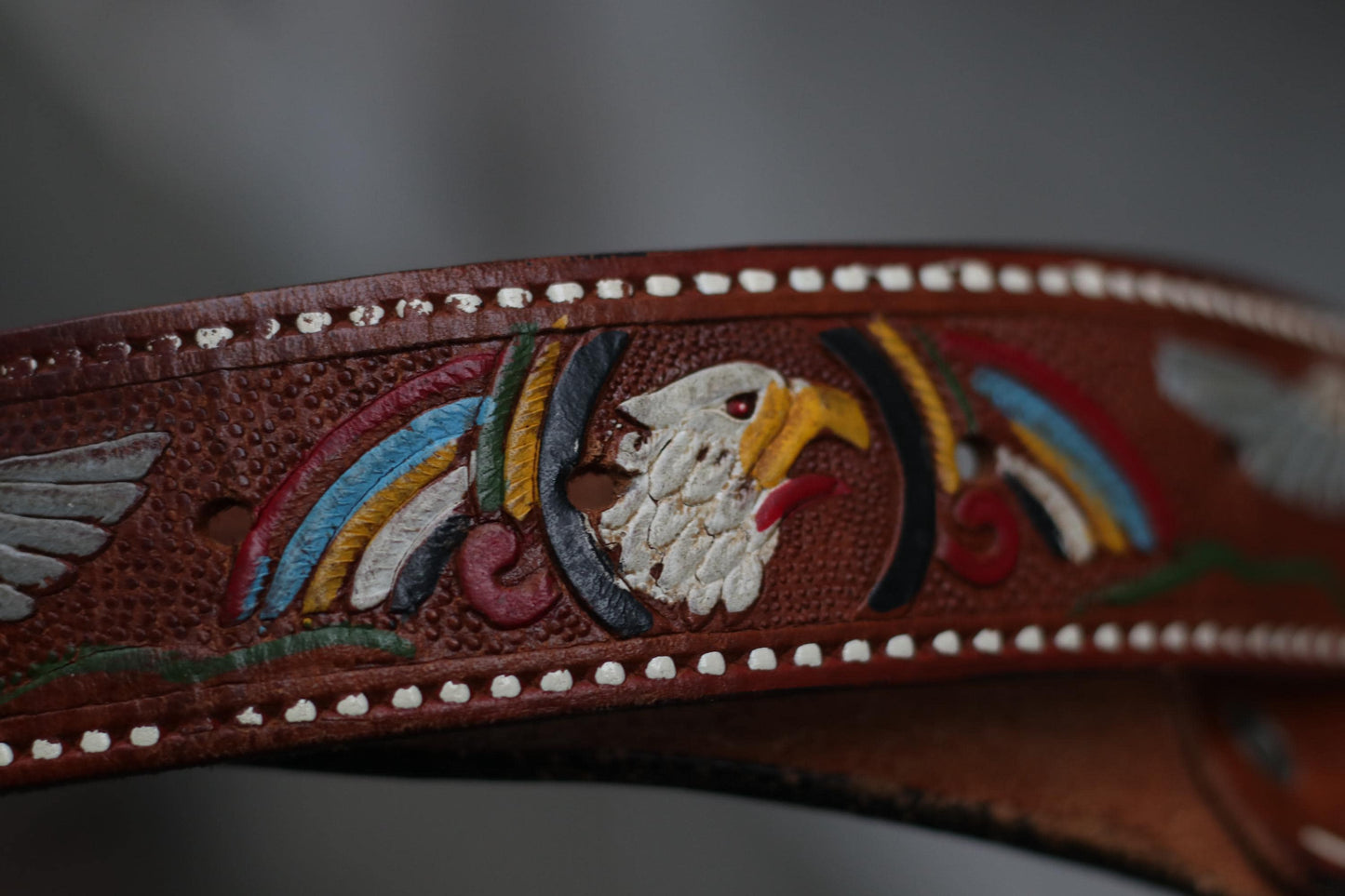 Vintage Tooled Leather Belt| Handmade Eagle Rainbow Western Belt| Brown Cowboy Belt with Colorful Detail & Carved Buckle – Boho Rodeo Style