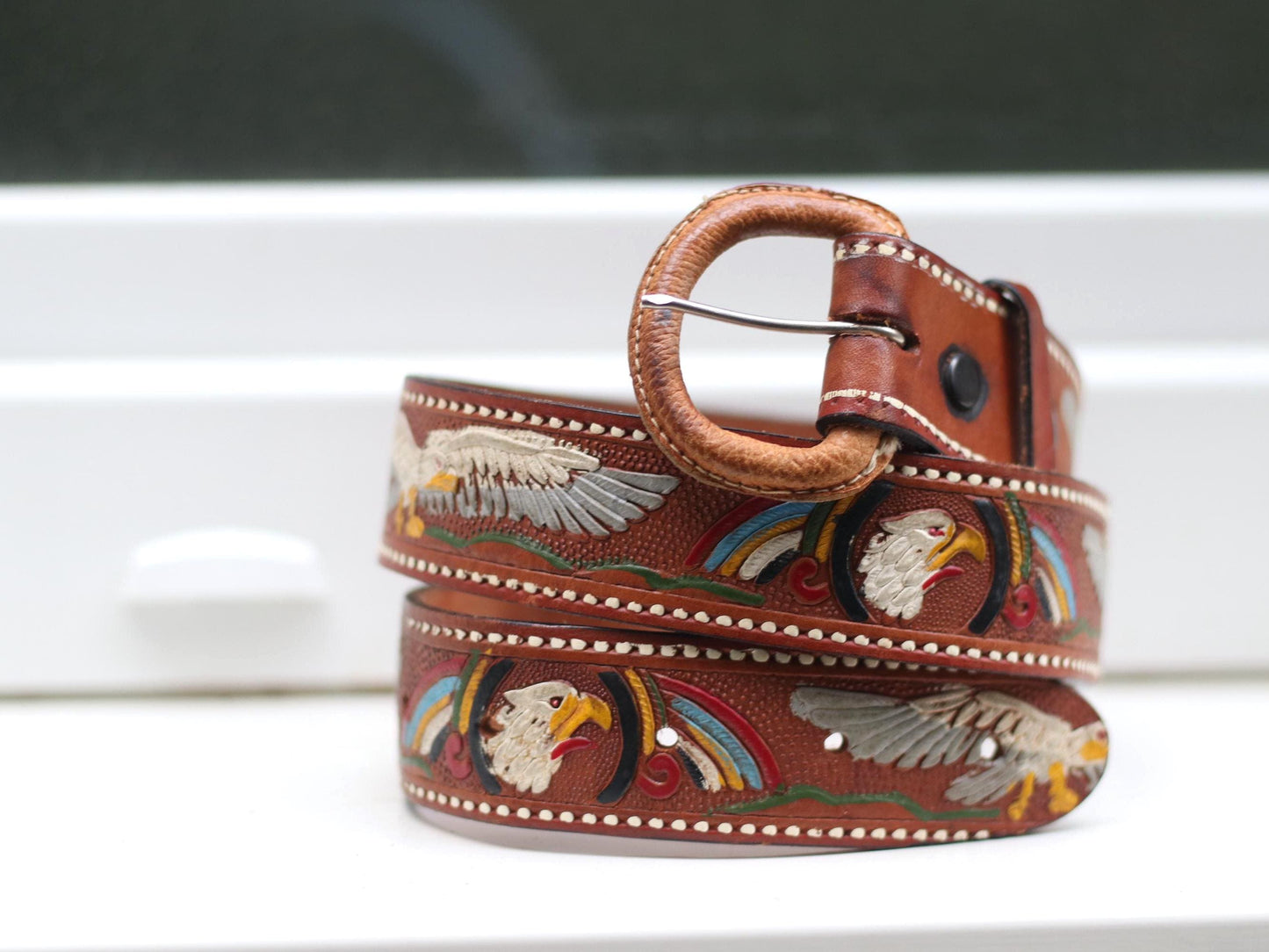 Vintage Tooled Leather Belt| Handmade Eagle Rainbow Western Belt| Brown Cowboy Belt with Colorful Detail & Carved Buckle – Boho Rodeo Style