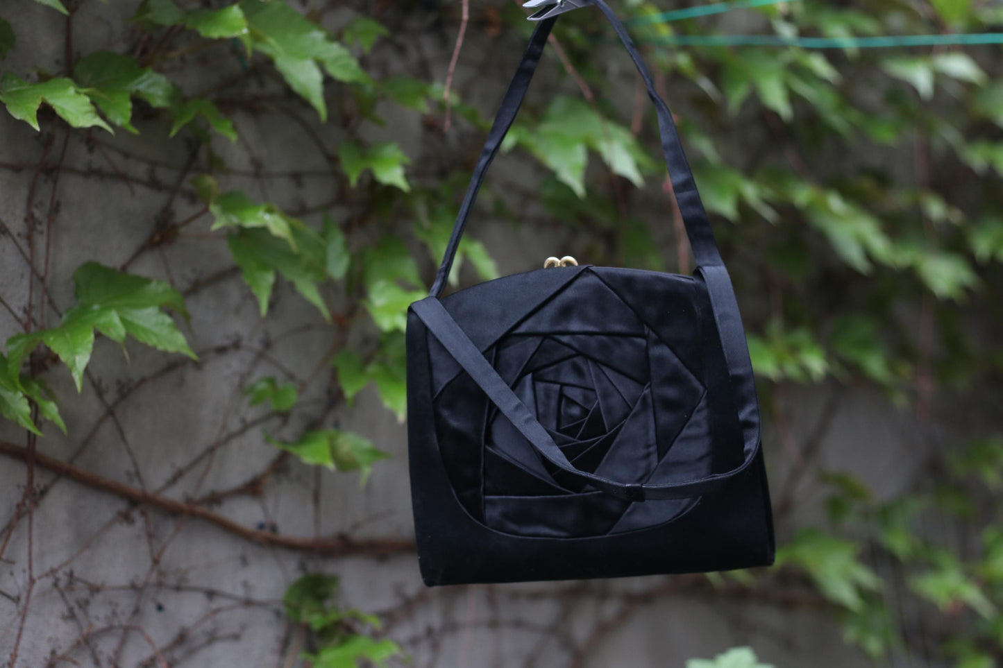 Vintage Black Avant-Garde Rose Bag | Handmade Origami Satin Shoulder Bag | Unique Evening Purse | Geometric Floral Design