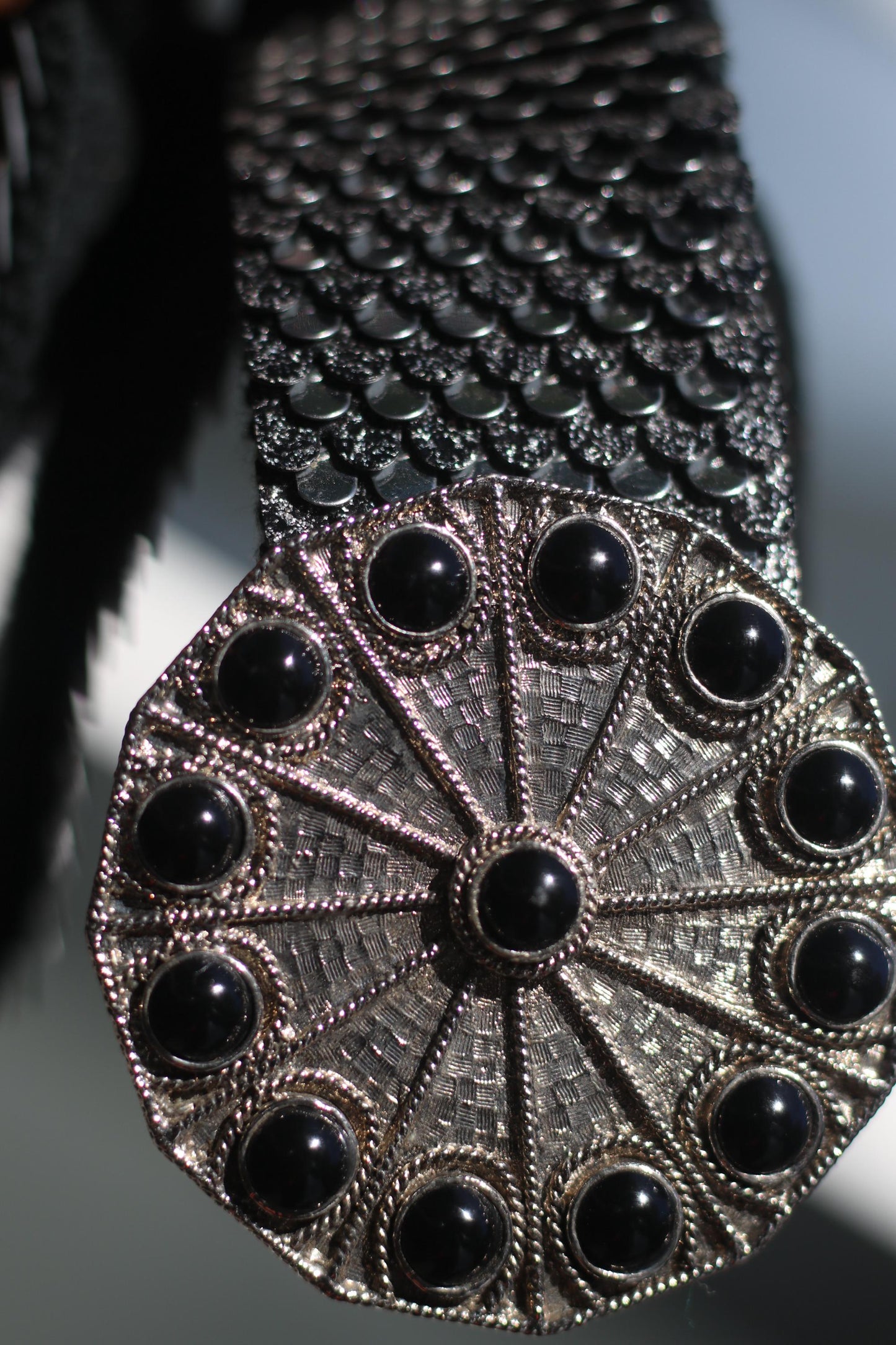 Vintage Metallic 80s Waist Belt with Black Stone Buckle | Statement Reflective Scale Texture | Disco Glam Party Accessory