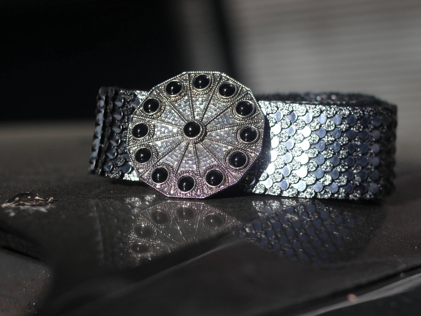 Vintage Metallic 80s Waist Belt with Black Stone Buckle | Statement Reflective Scale Texture | Disco Glam Party Accessory