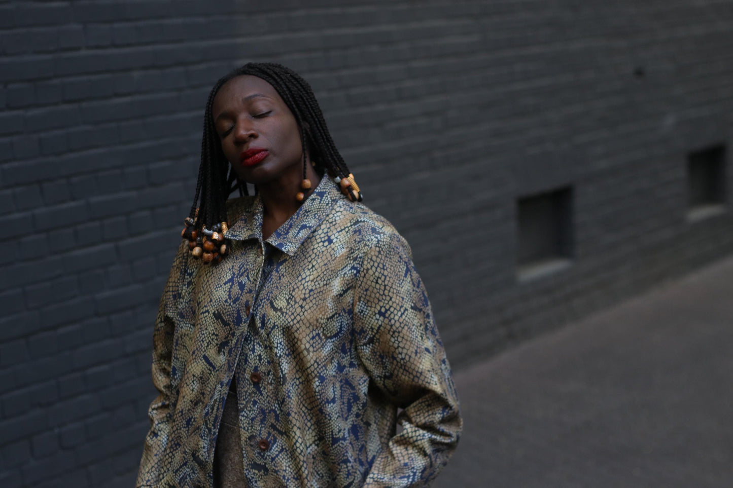 90s Animal Print Blouse| Vintage Creation Atelier Brown Lightweight Jacket| Women's Faux Snake Skin Collared Buttoned Down Shirt