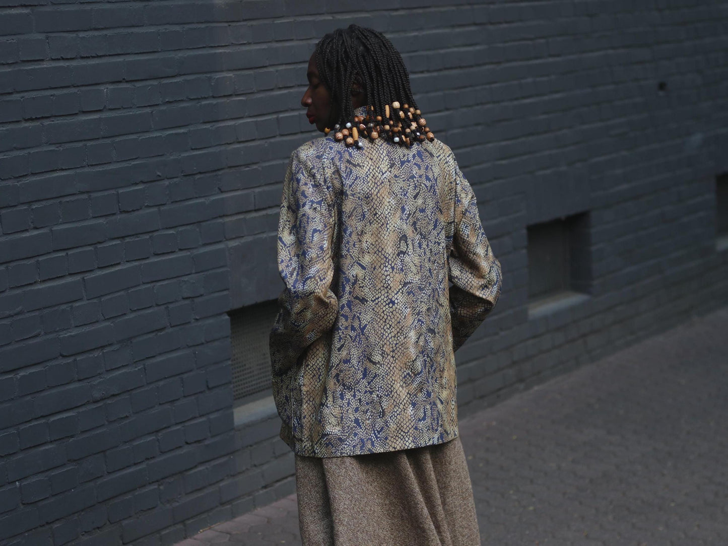 90s Animal Print Blouse| Vintage Creation Atelier Brown Lightweight Jacket| Women's Faux Snake Skin Collared Buttoned Down Shirt