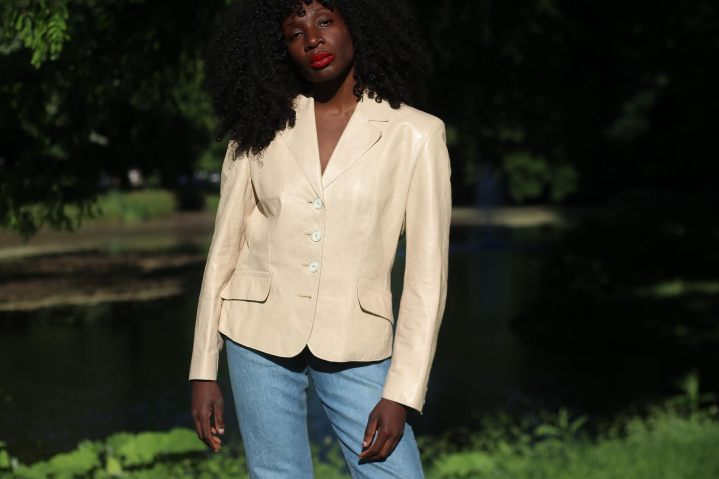 90s Nappa Leather Jacket | Vintage WALTER LEDER Minimalist Cream Leather Jacket| Women's Monochrome Leather Blazer