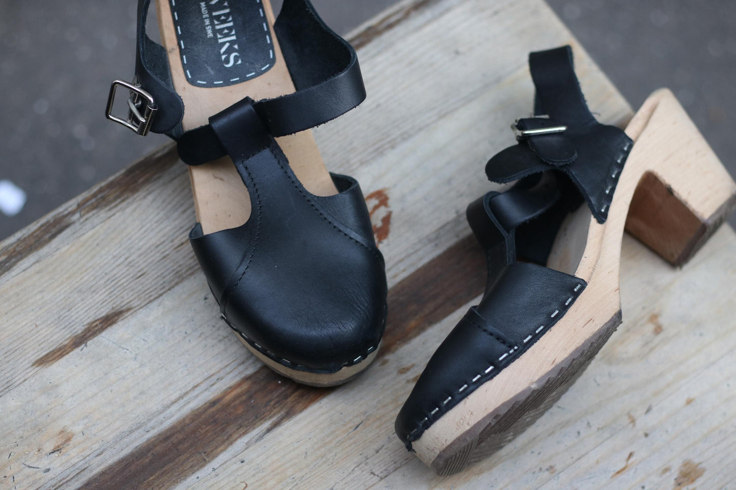Vintage Swedish Leather Clogs | 90s Sweeks Black Scandinavian Summer Sandals EU38 | Handmade Wooden Sole Shoes