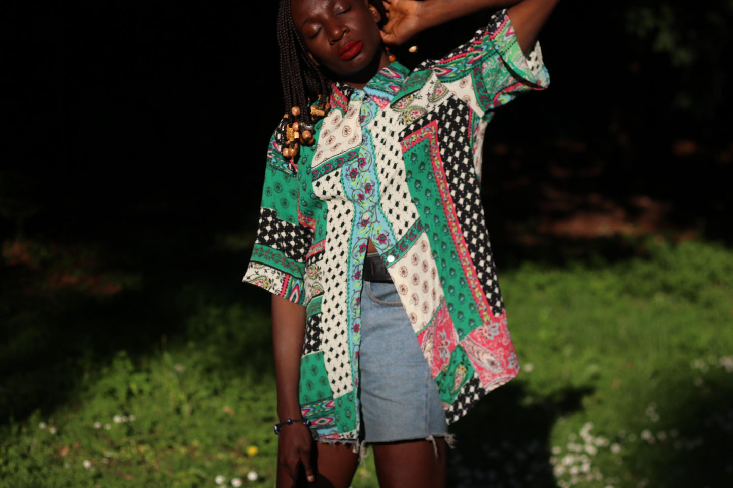 Vintage 90s Handmade Patchwork Shirt| Boho Festival Button Up| Retro Mixed Print Short Sleeve Loose Fit, One-of-a Kind