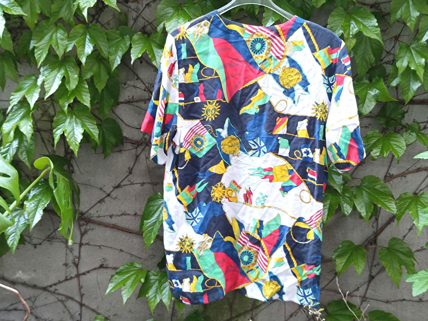 Vintage Nautical Women's Shirt | 80s Coastal Button Down | Retro Sailing Print Top | Short Sleeve Summer Blouse | Maritime Boho Style