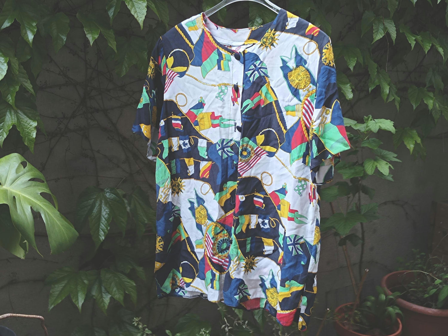 Vintage Nautical Women's Shirt | 80s Coastal Button Down | Retro Sailing Print Top | Short Sleeve Summer Blouse | Maritime Boho Style