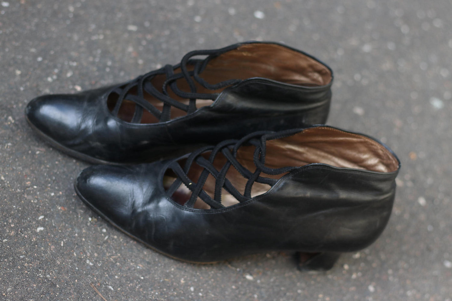 Victorian Style Leather Shoe Boots | Black Criss Cross Heels | Vintage 90s Gabor Shoes UK 5.5