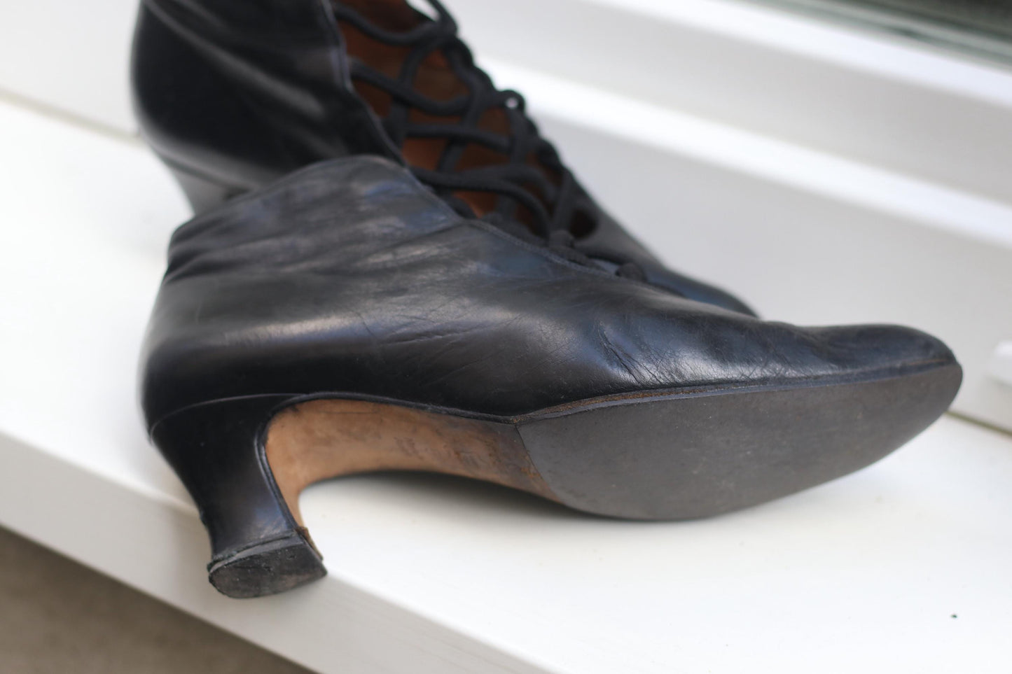 Victorian Style Leather Shoe Boots | Black Criss Cross Heels | Vintage 90s Gabor Shoes UK 5.5