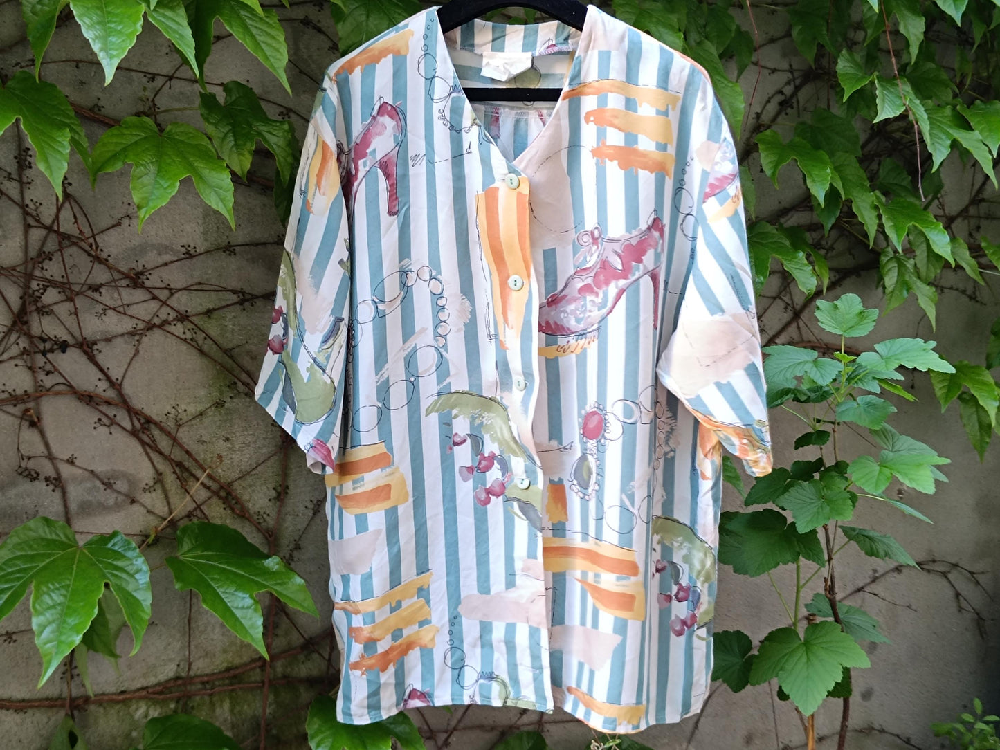 Vintage 80s Abstract Blouse| Teal & Orange Statement Shirt| Short Sleeve Button-Up – Retro Striped Print |M/L