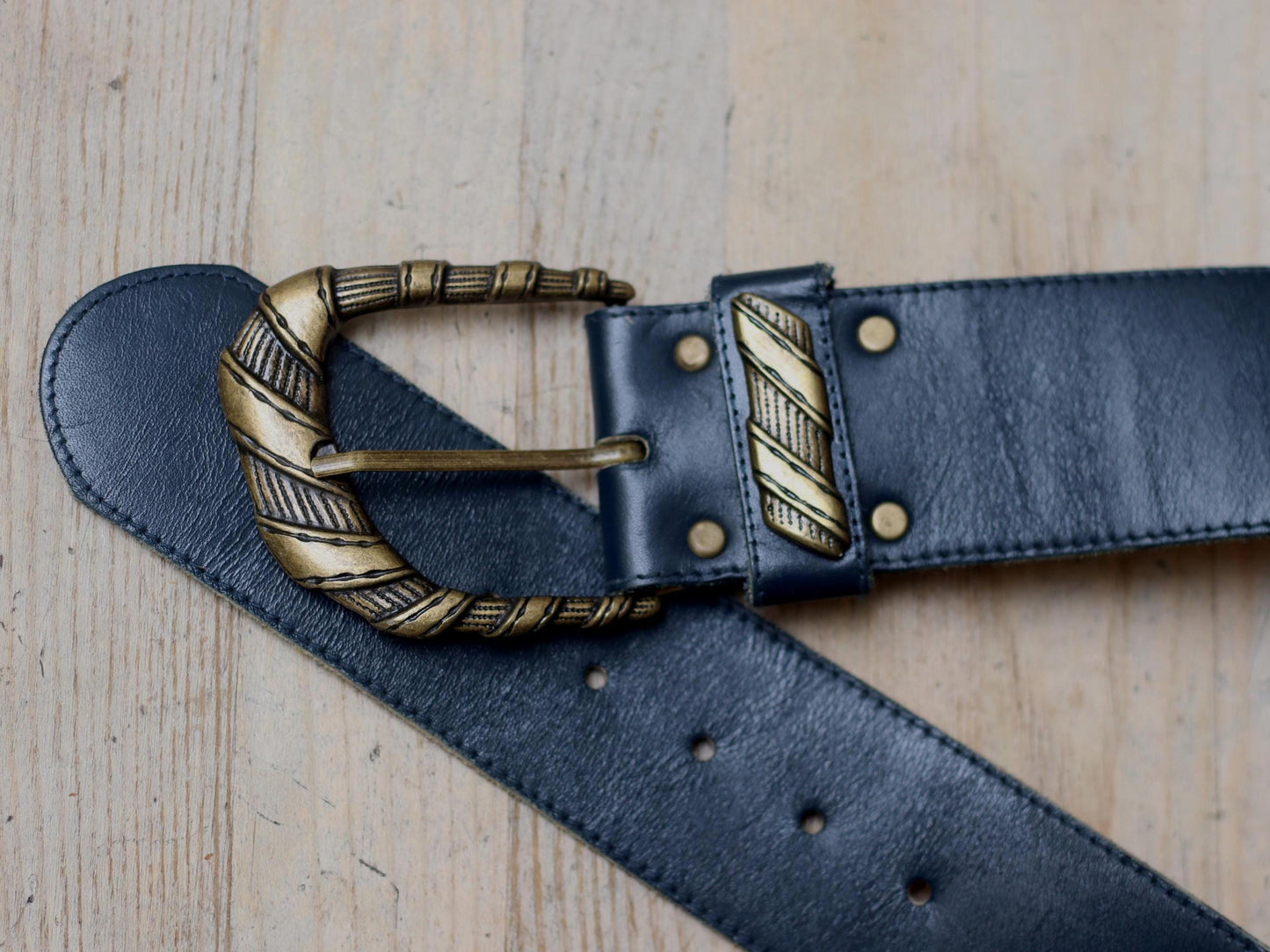 Vintage Leather Belt with Ornate Gold Buckle | Blue Wide Waist Cinch Belt | Retro Statement Accessory