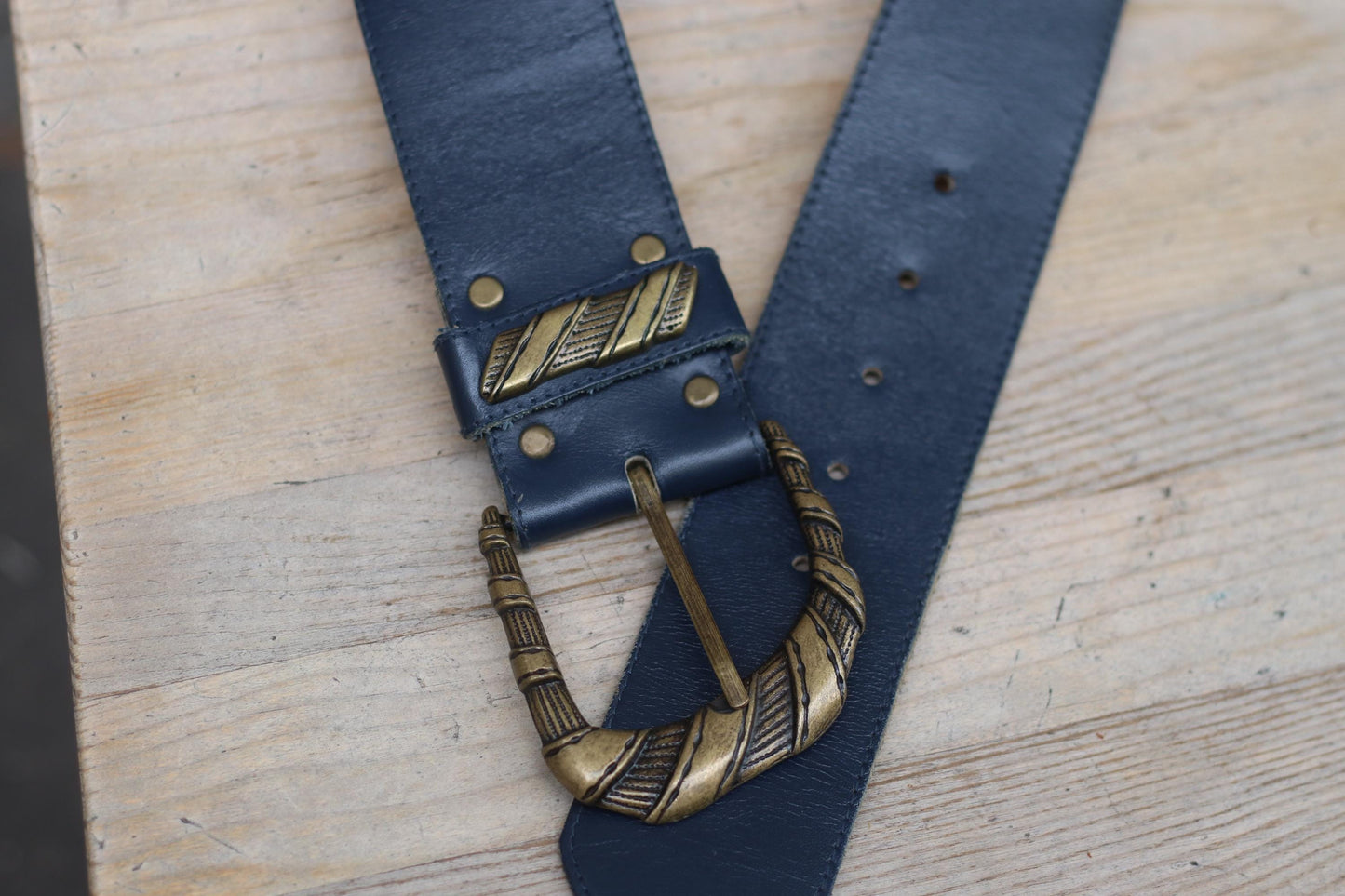 Vintage Leather Belt with Ornate Gold Buckle | Blue Wide Waist Cinch Belt | Retro Statement Accessory