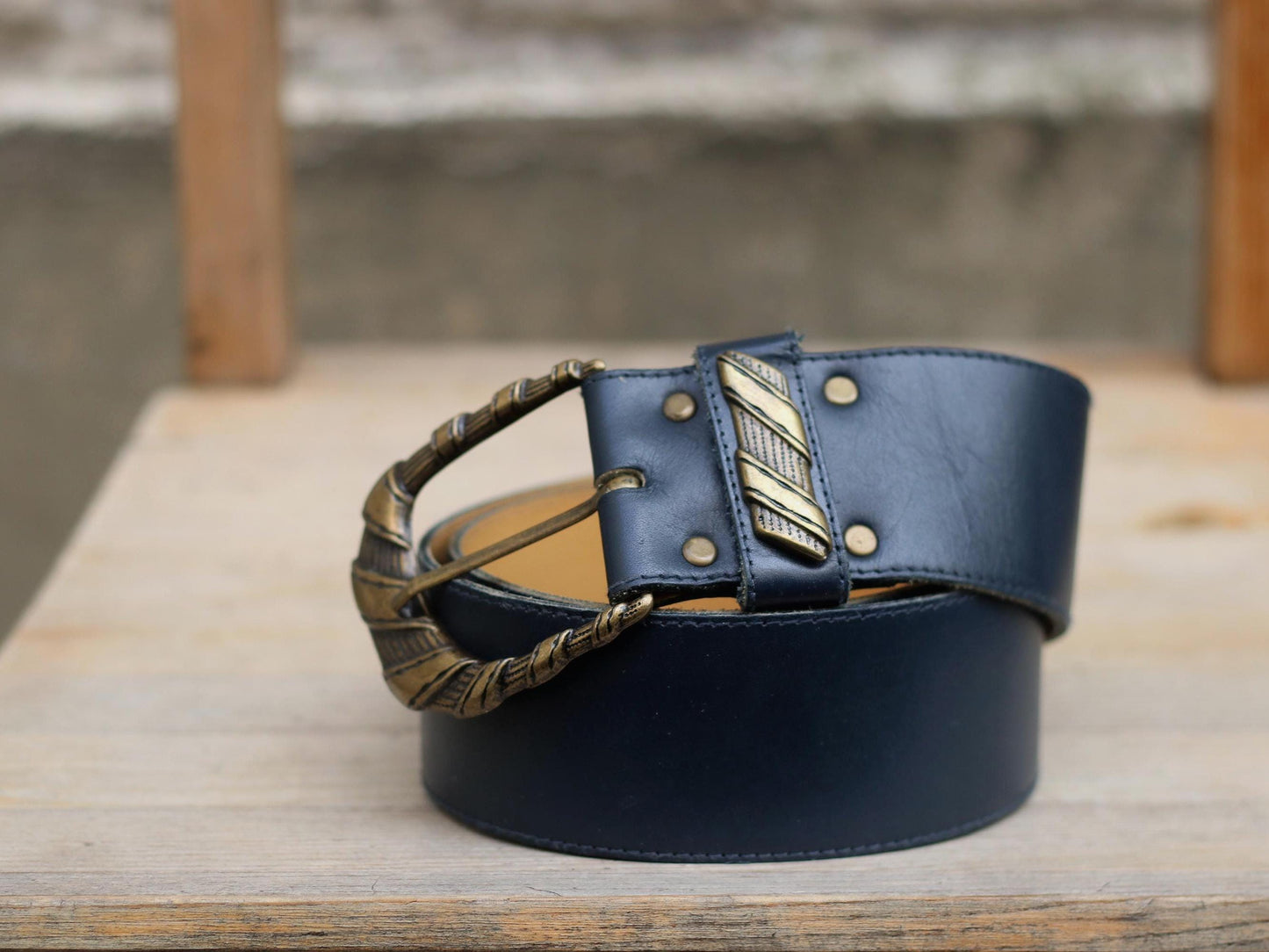 Vintage Leather Belt with Ornate Gold Buckle | Blue Wide Waist Cinch Belt | Retro Statement Accessory